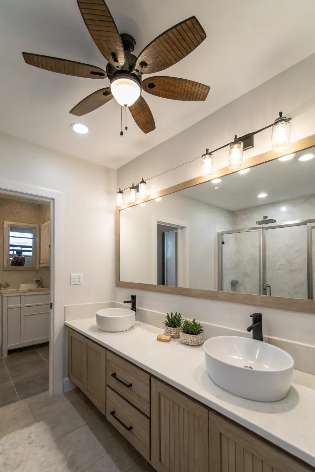 A streamlined ceiling ventilator with a light in a simple bathroom.
