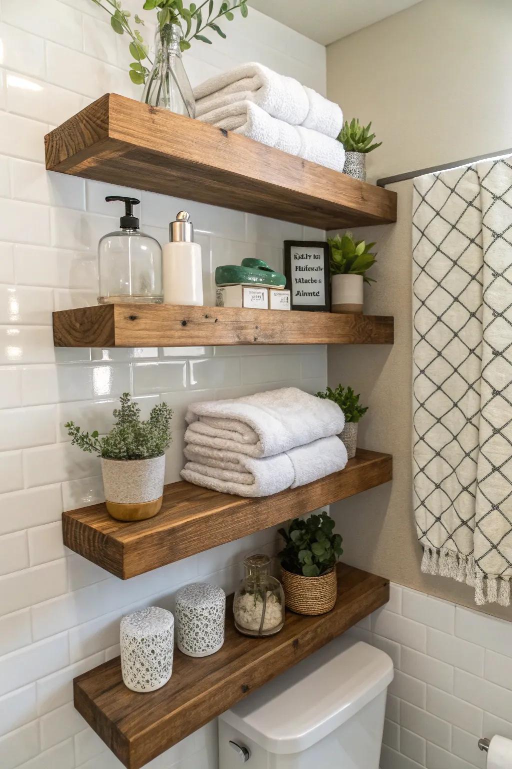 Wall-mounted shelves are both stylish and practical for displaying hand towels.
