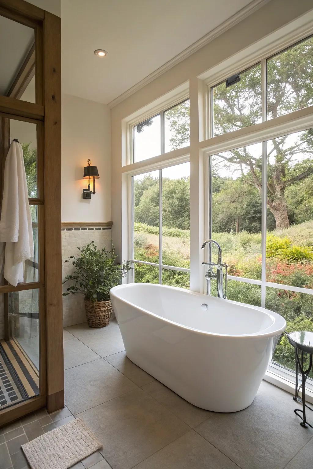Allow an unattached soaker to reign as the central attraction of your peaceful bathroom escape.