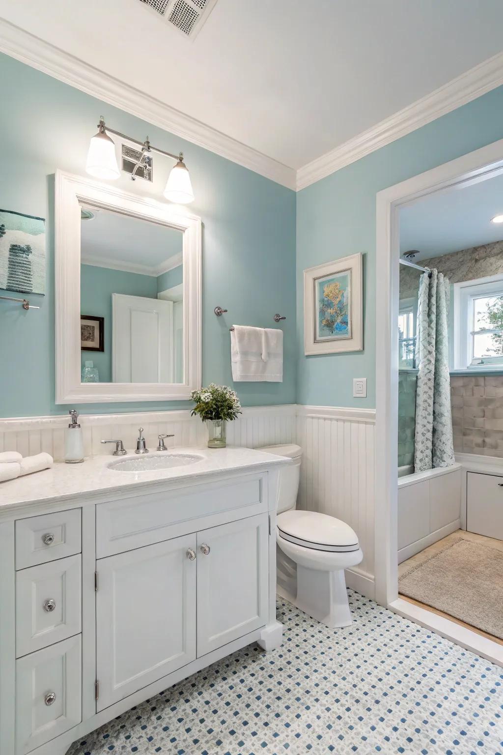 Gentle blue walls result in a peaceful and soothing bathroom environment.