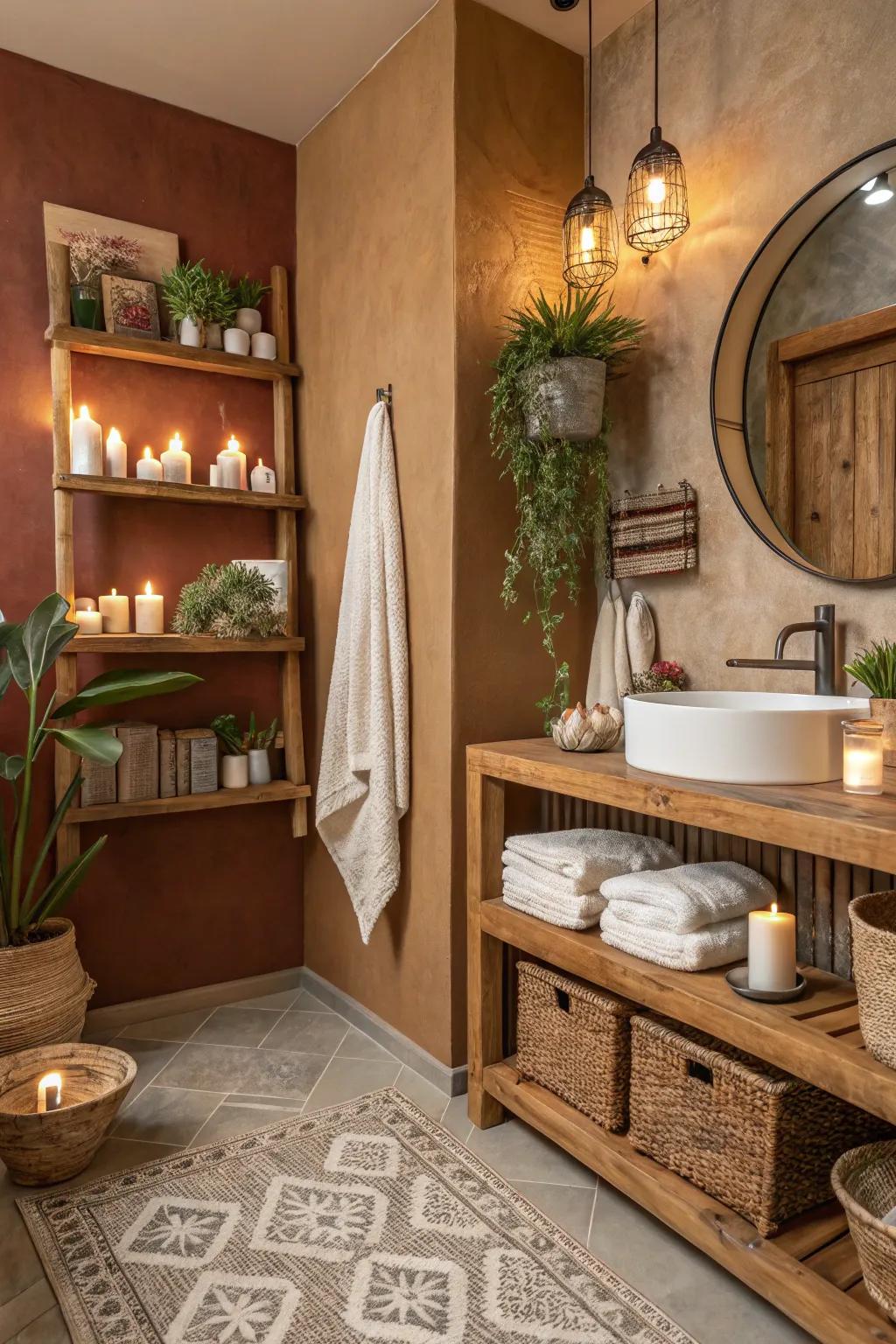 A rustic bathroom showcasing earthy tones and natural wood elements.