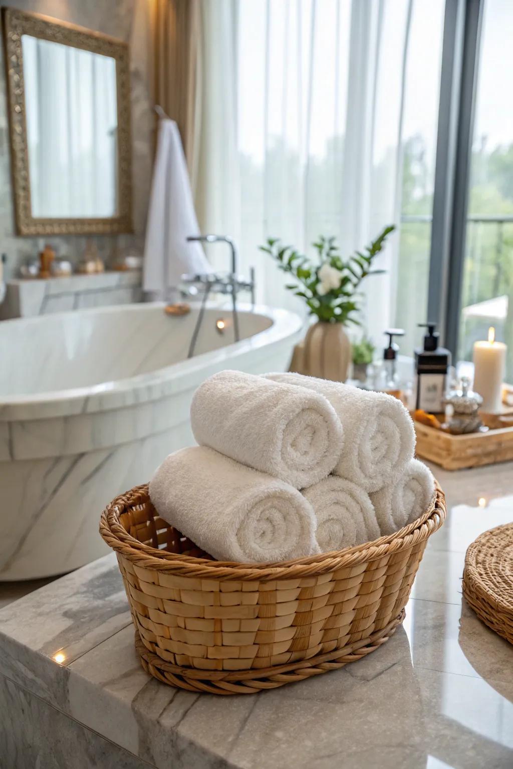 Enjoy a spa-like retreat with rolled towels.