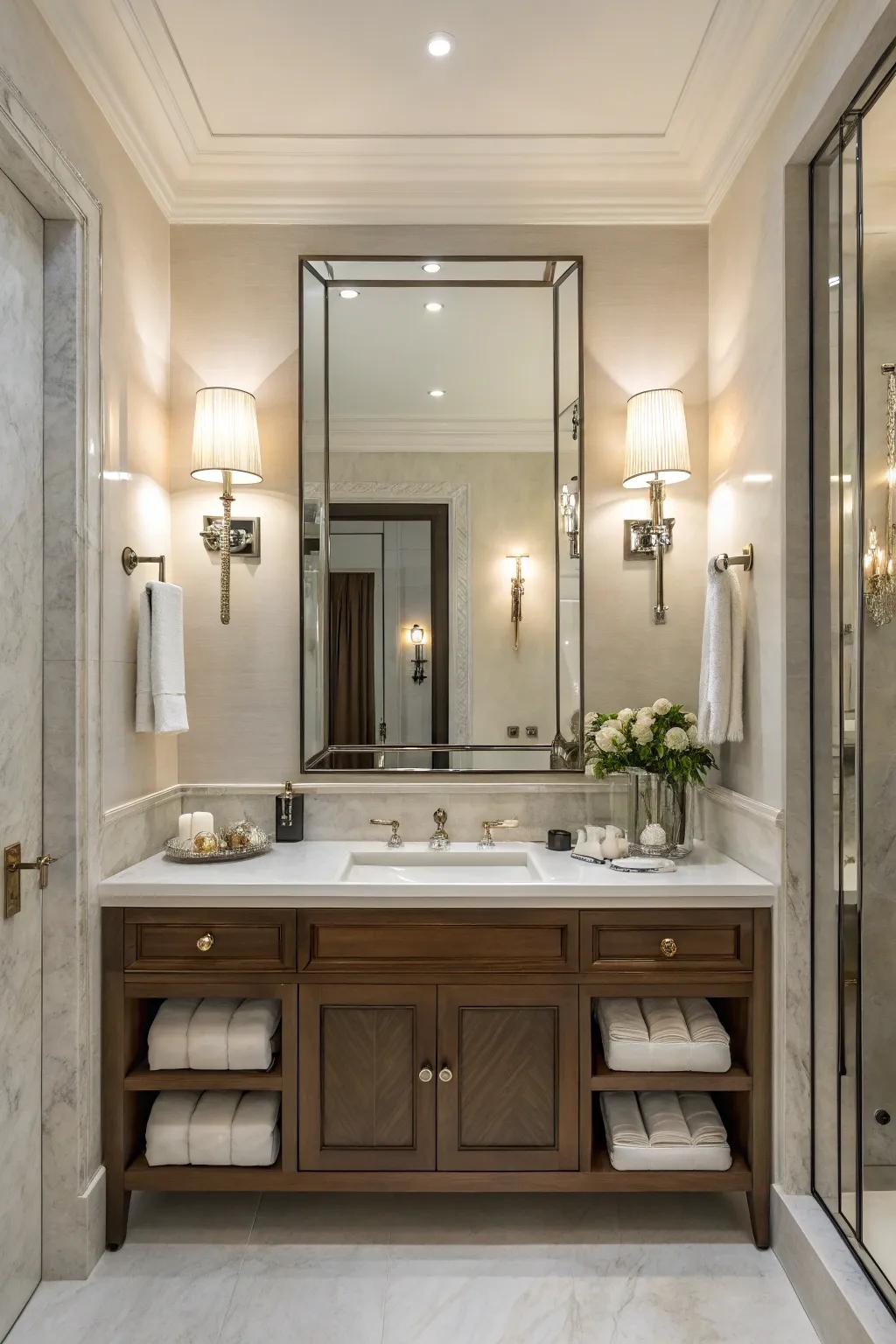 Wall lights introduce a sense of equilibrium and sophistication to the space.