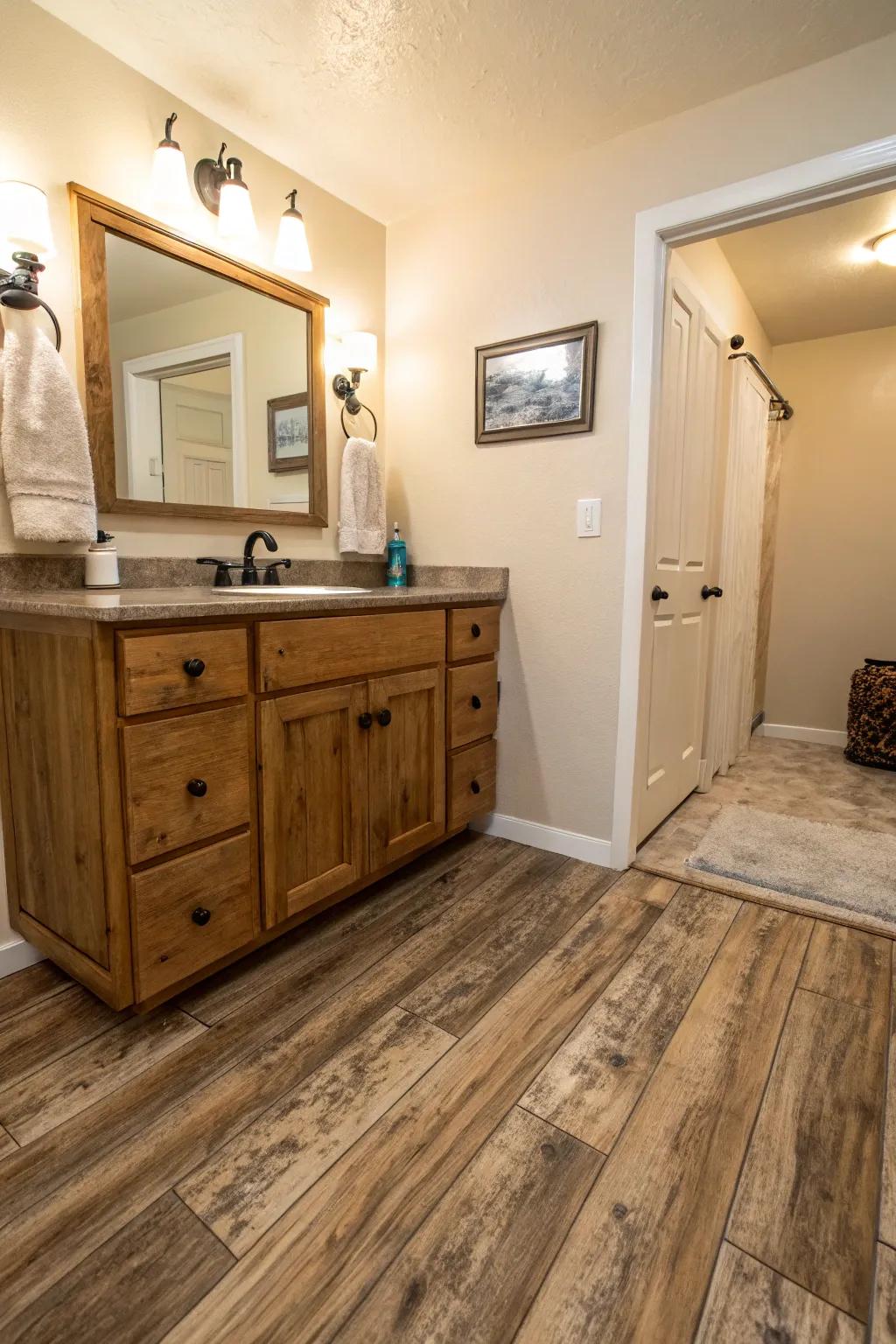 Plastic flooring that resembles countryside timber adds a warm feel to this bathroom.