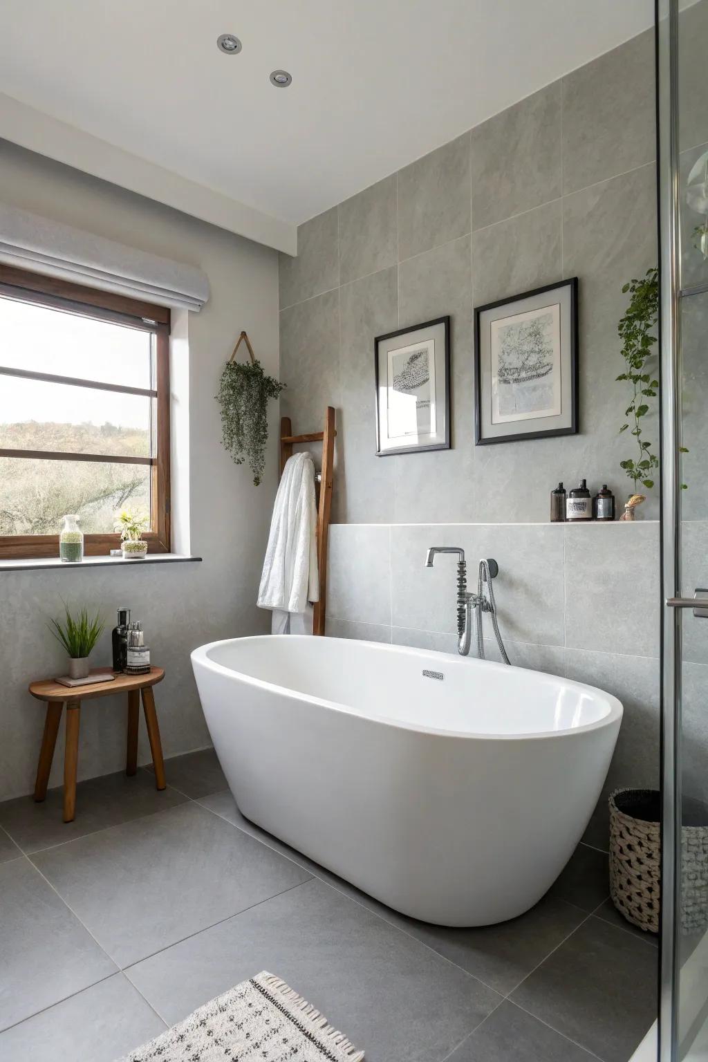 An ivory freestanding bathtub lends refinement to a contemporary washroom.
