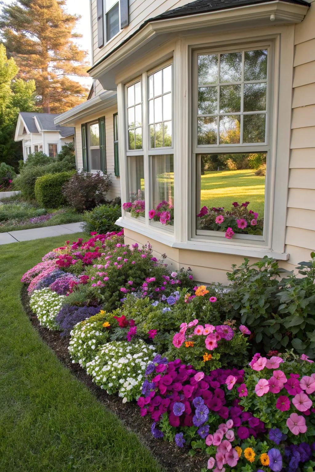 A lively flower bed showcasing snapdragons and primroses that brighten the area around a bay window.