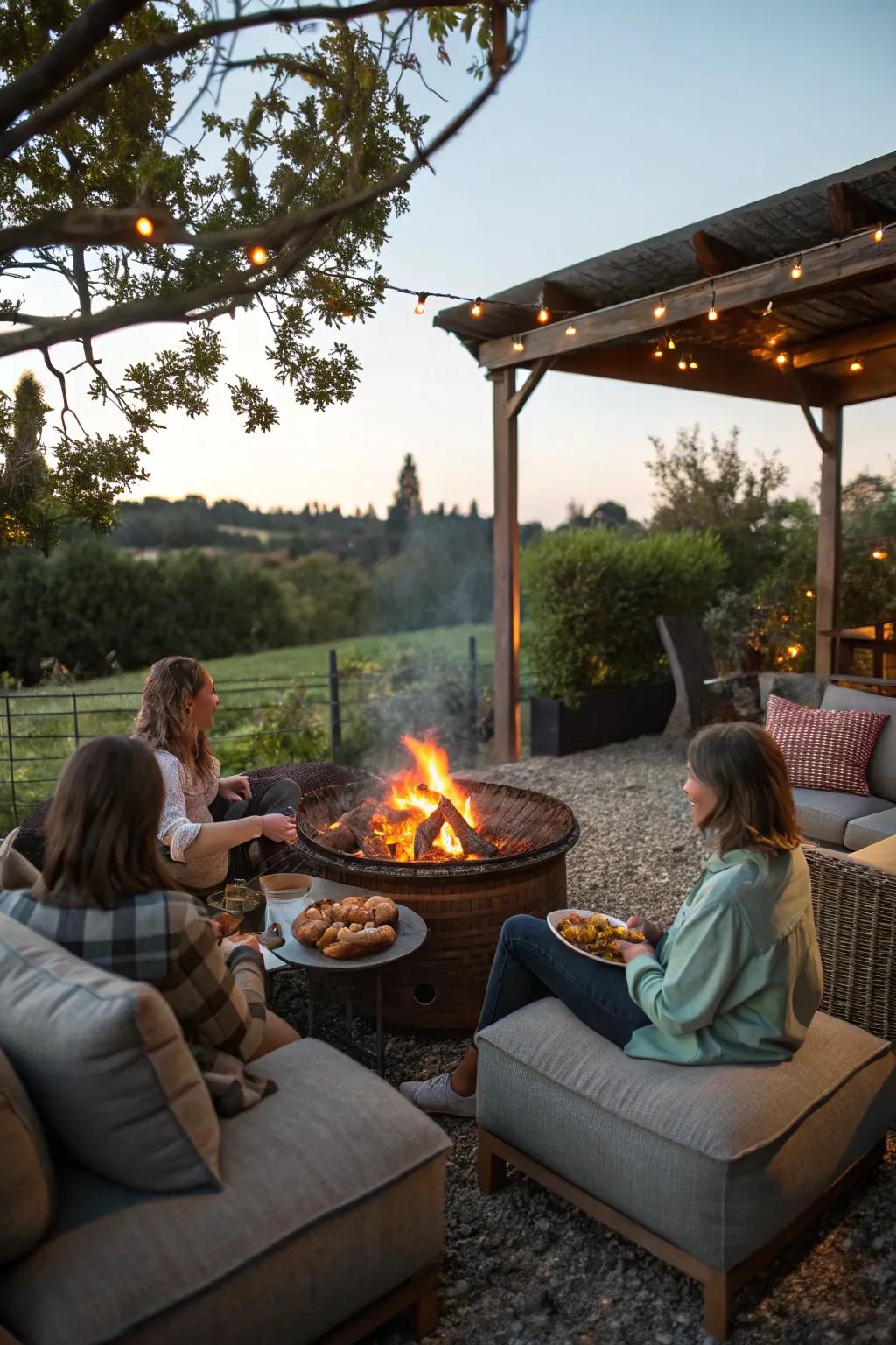 Down-to-earth grill pit is ideal for an intimate outdoor get-together.