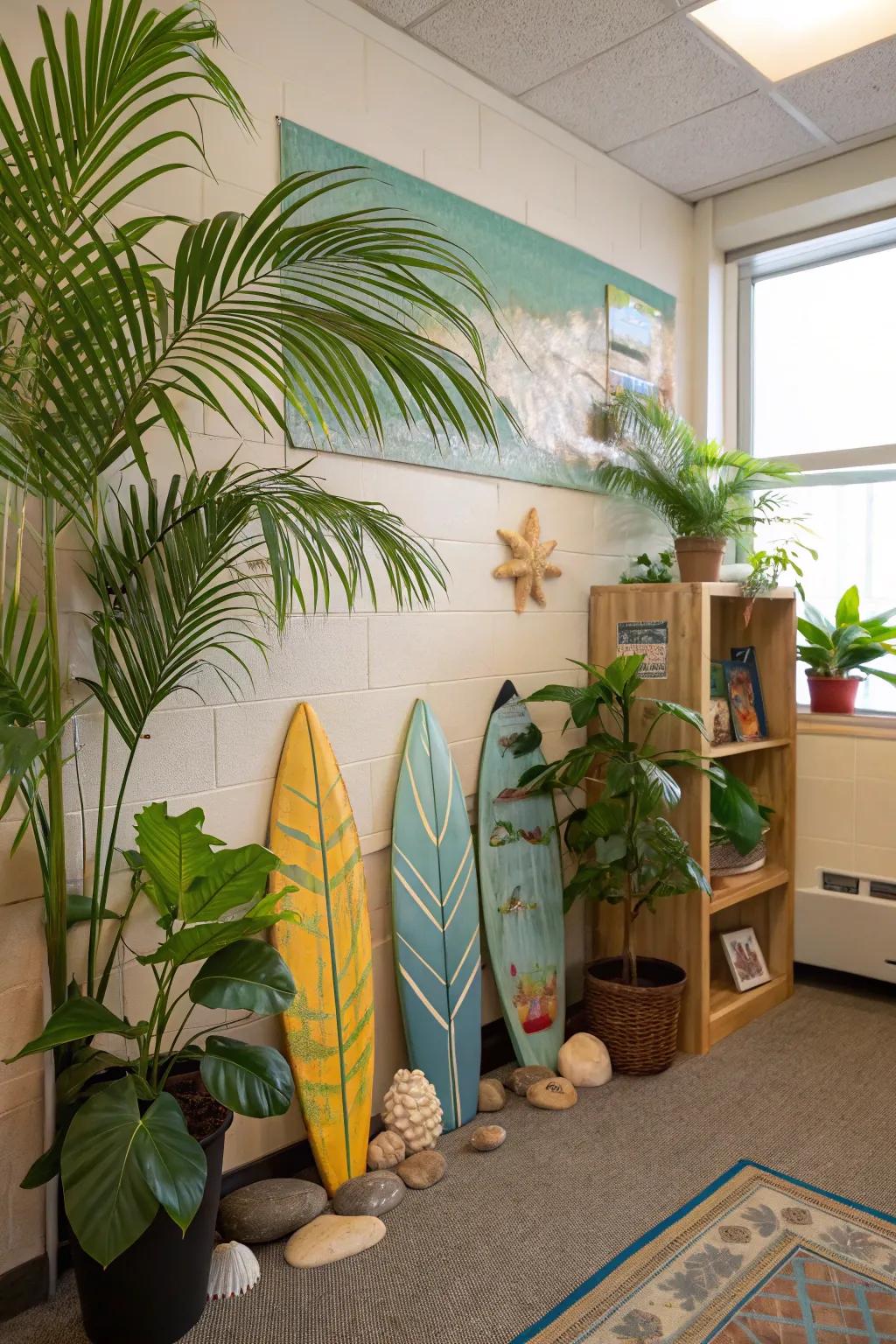 A vibrant classroom corner adorned with exotic plants and sea-inspired decorations, creating a refreshing coastal atmosphere.