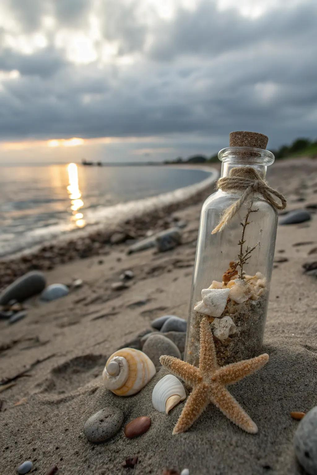 Tiny glass containers filled with seaside elements make charming mementos.
