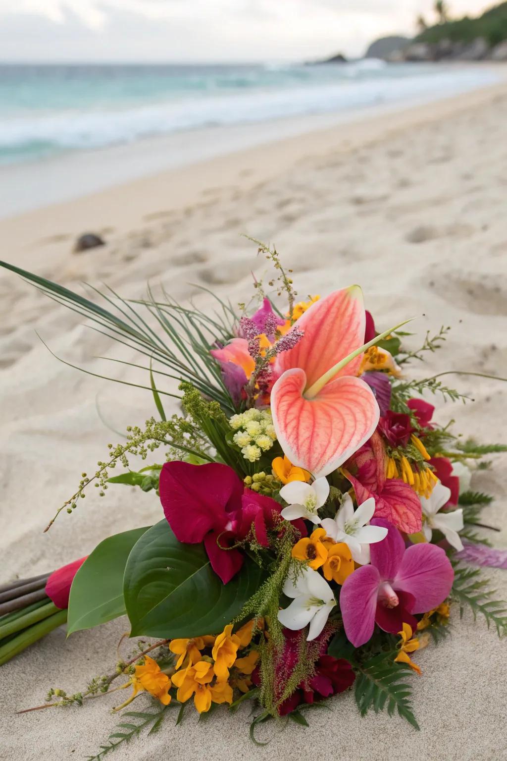 A vibrant exotic floral posy suited for a beach wedding.