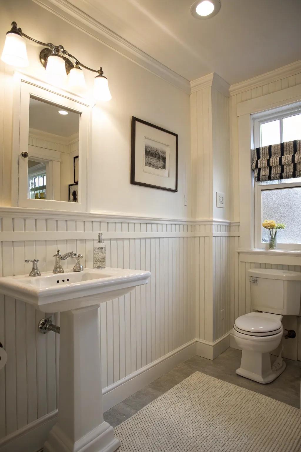 Timeless white plank panelling goes well with any bathroom style.