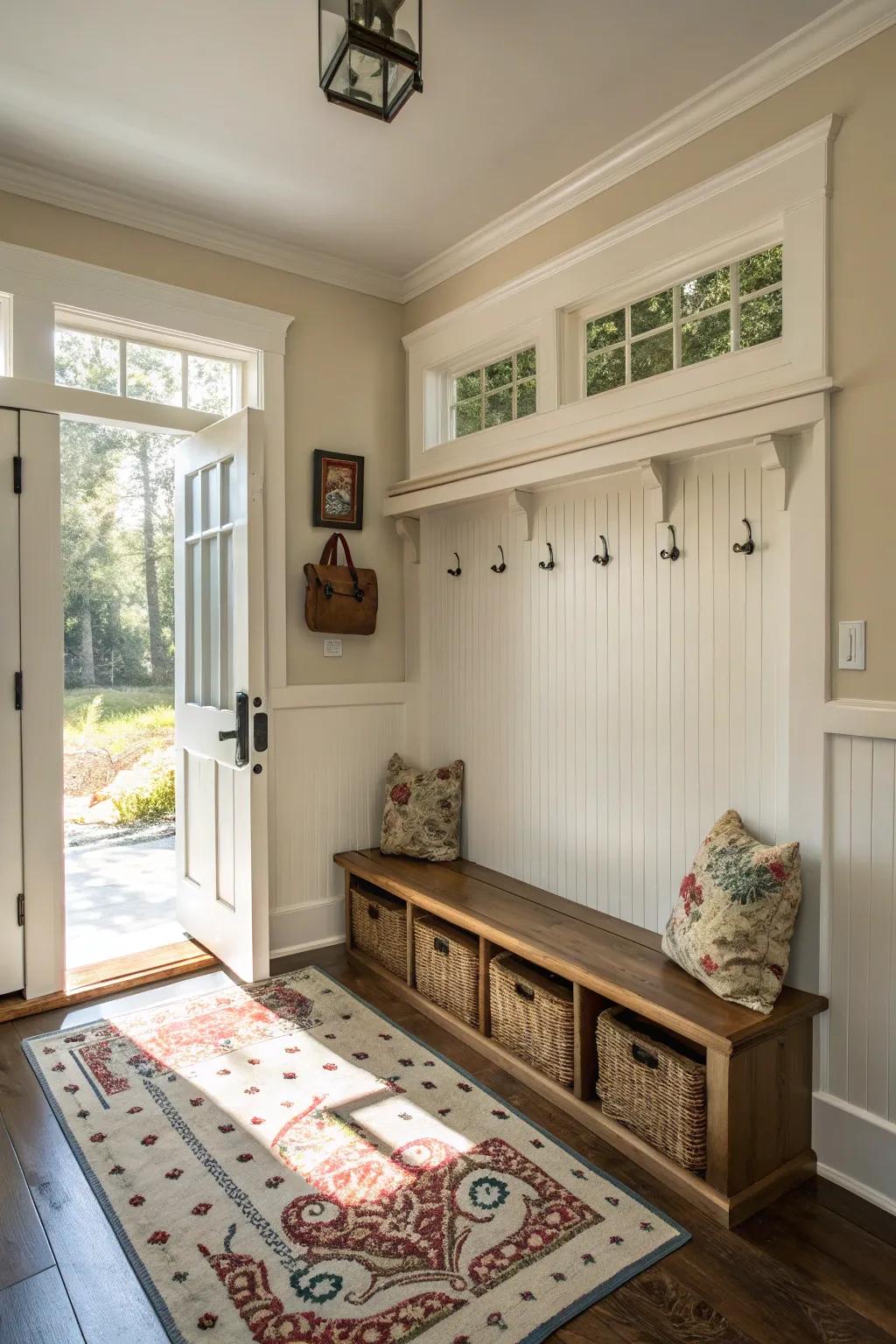 Paneled walls foster a welcoming vibe in entryways.