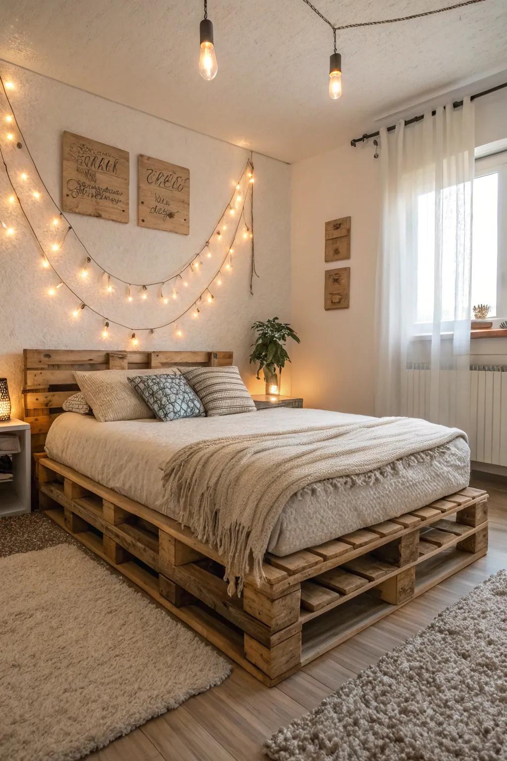 A raw wood bed base brings coziness and individuality to any bedroom.