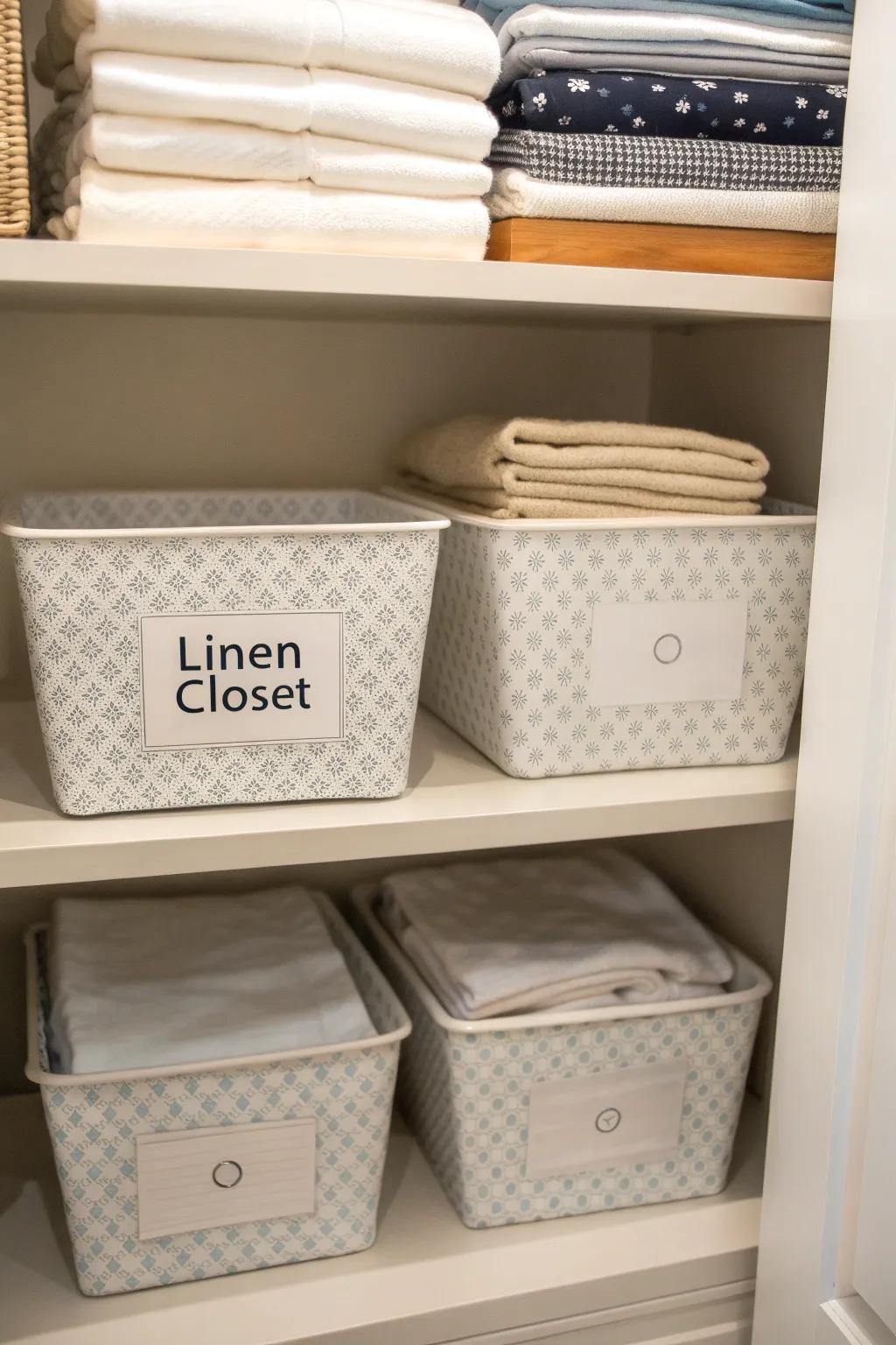 Labeling your storage bins simplifies the search for bed sheets.