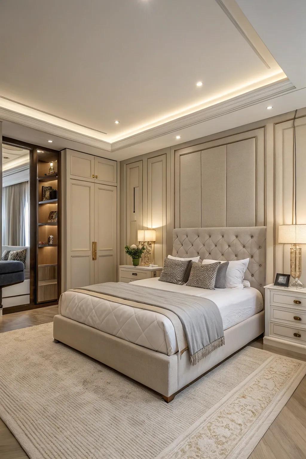 Elegant custom-fit boards establish a contemporary look around the base of the bed.