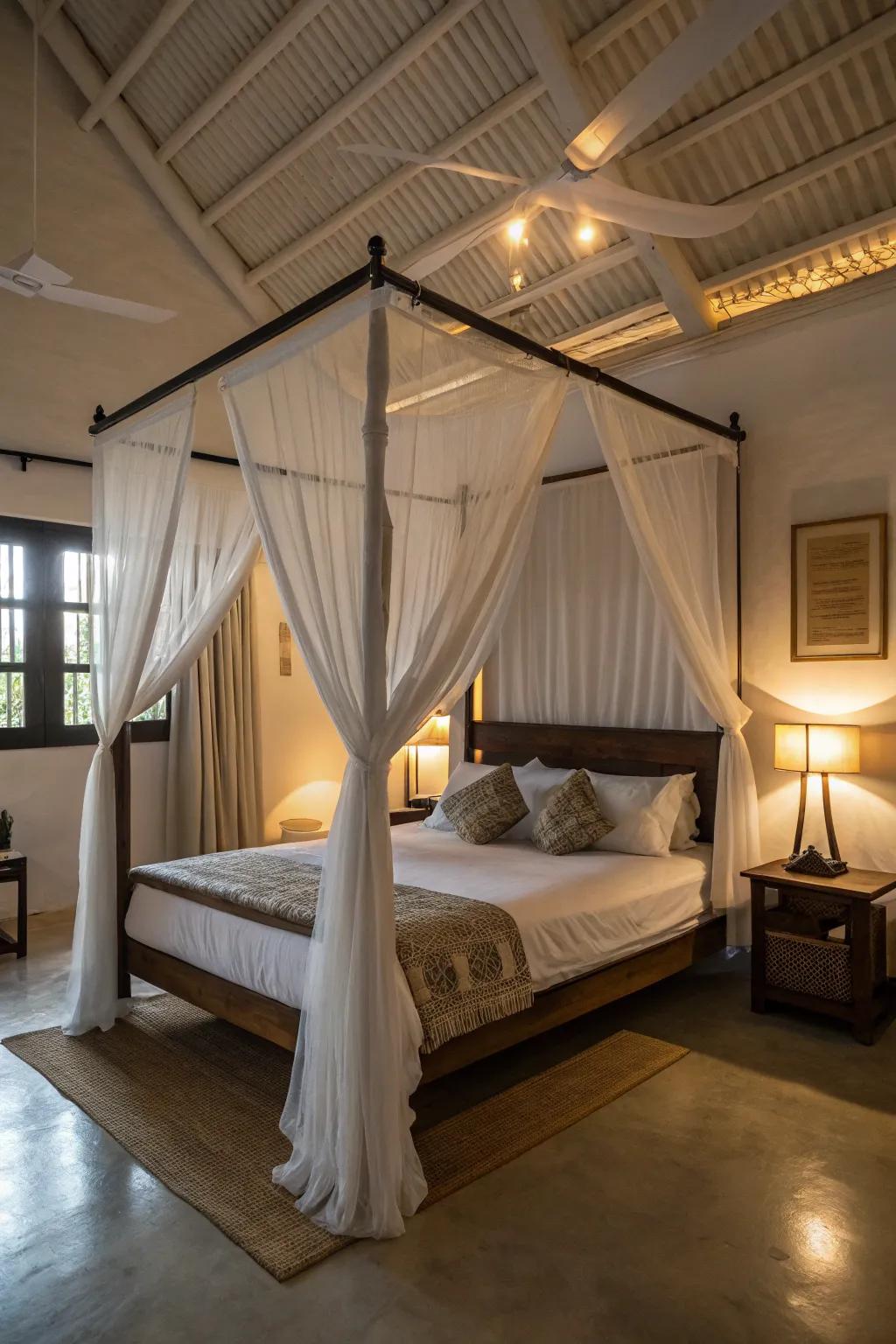 A loft bed introduces class and offers a secluded hideaway.