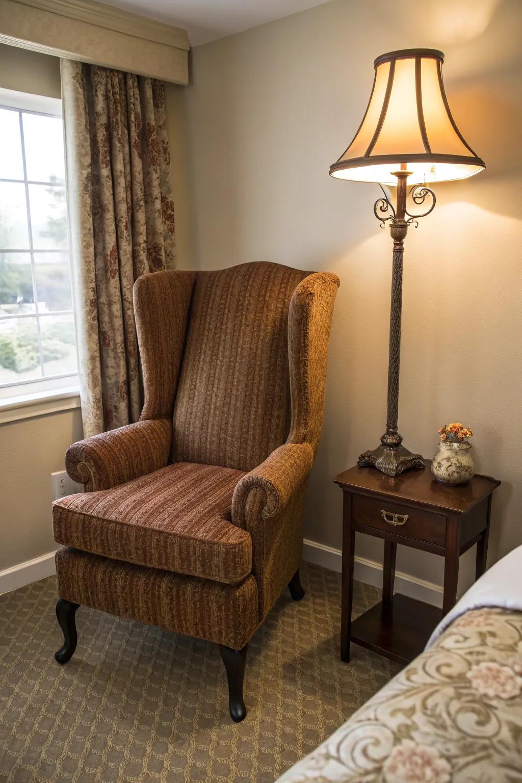 A shielded back chair is ideal to create a perfect reading nook in any bedroom.
