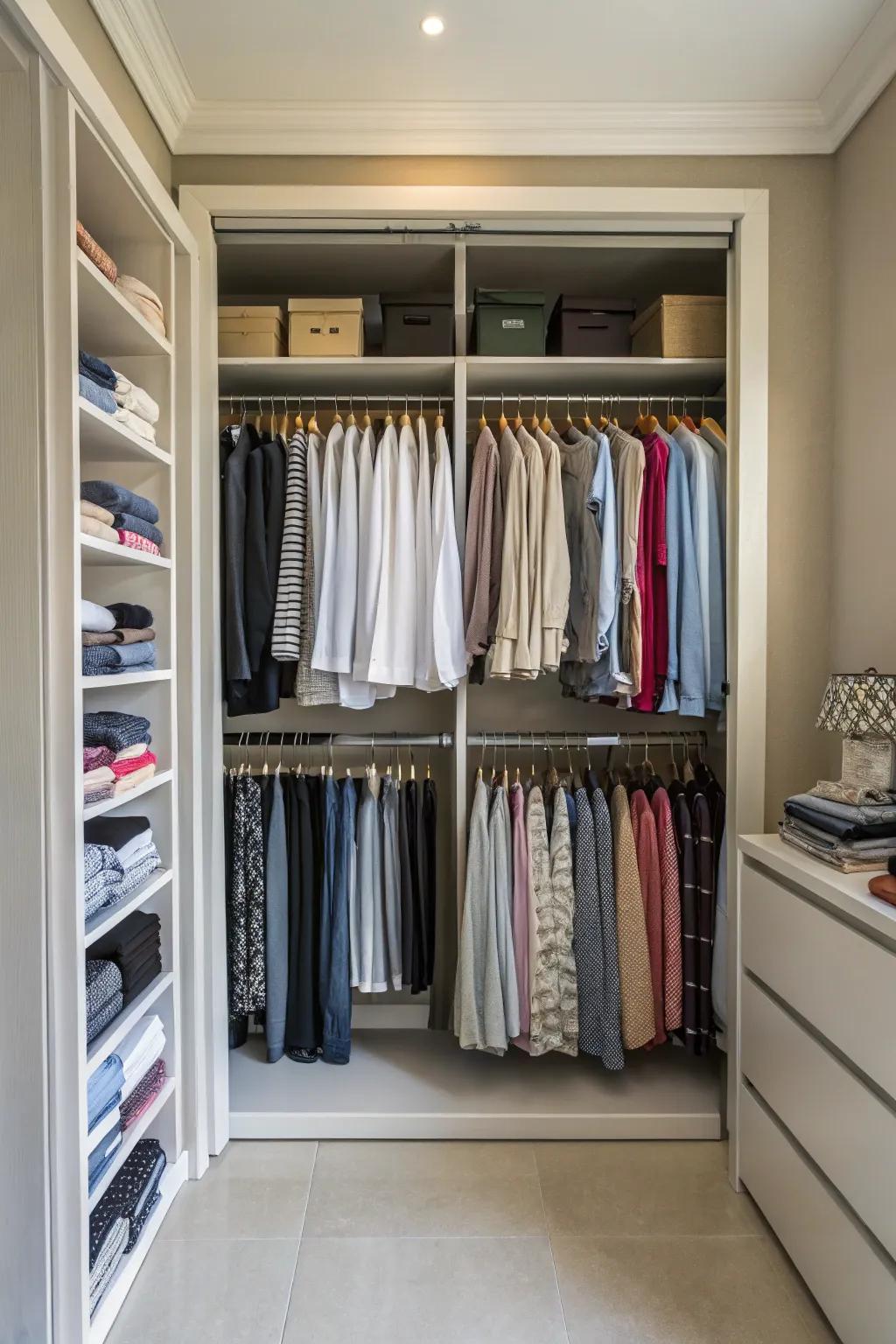 Use double hanging rods to get the most out of vertical space for a more organized closet.