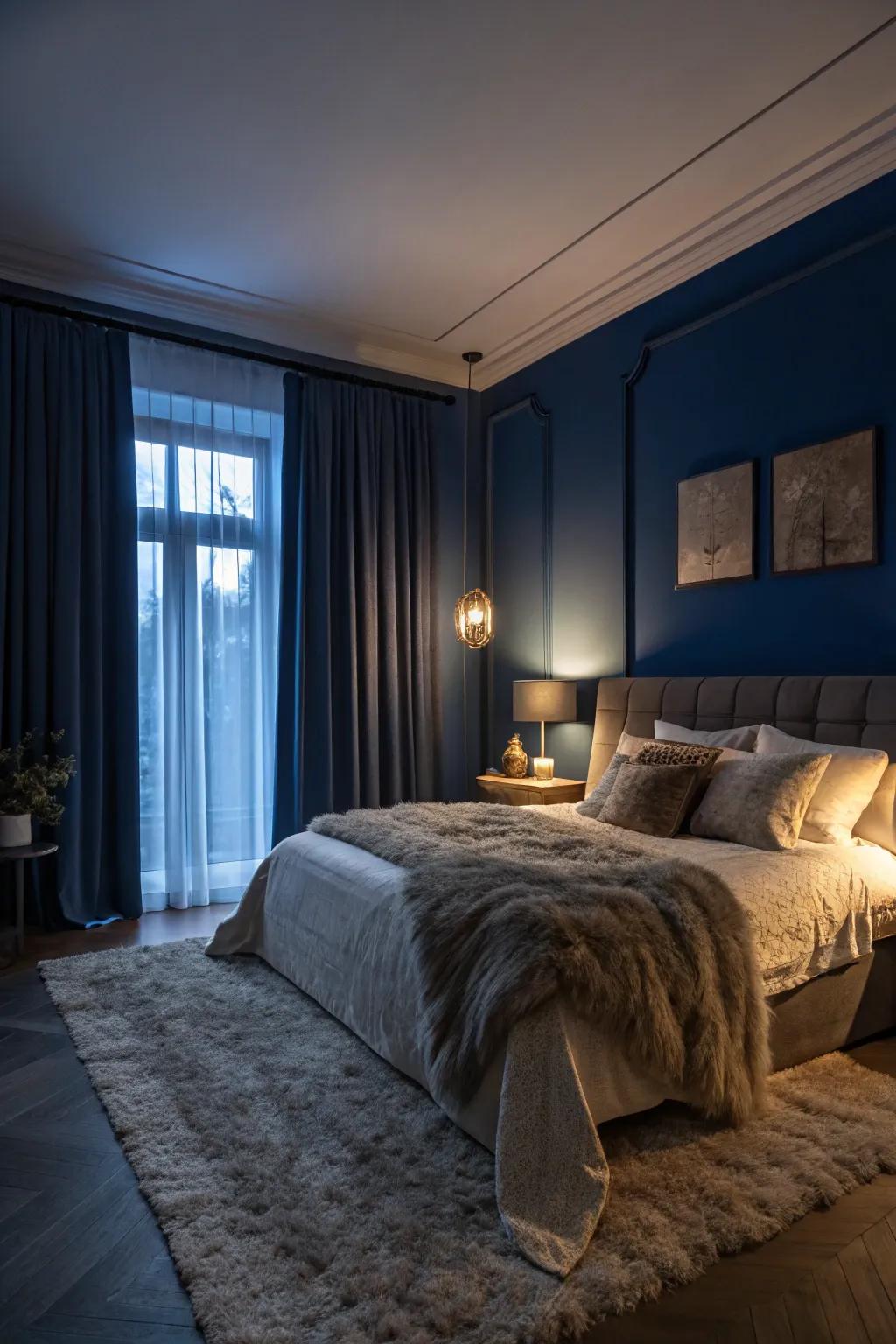 A bedroom wrapped in the cozy embrace of twilight indigo, a perfect getaway.