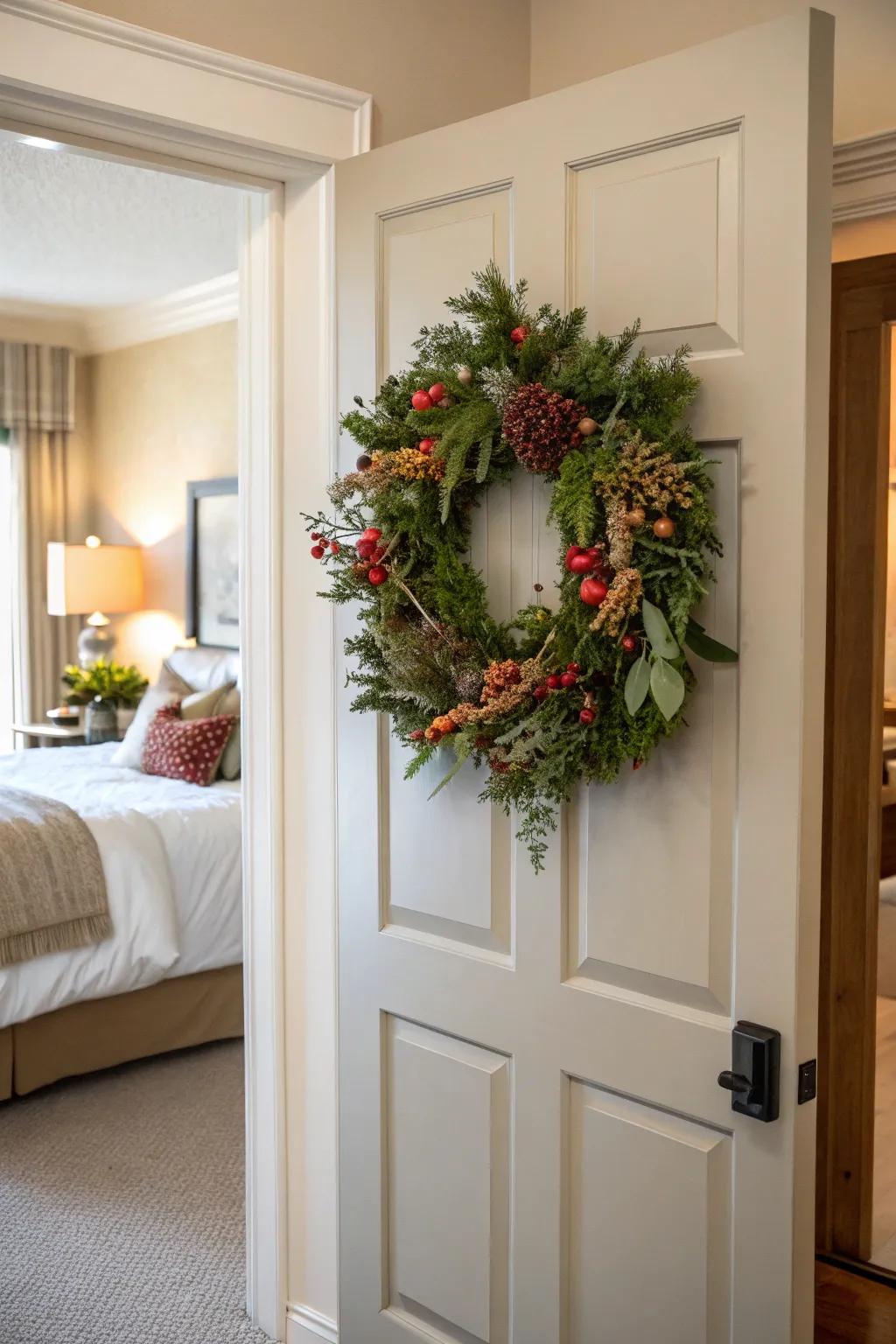 A seasonal door ring enriches the charm and warmth of any bedroom door.