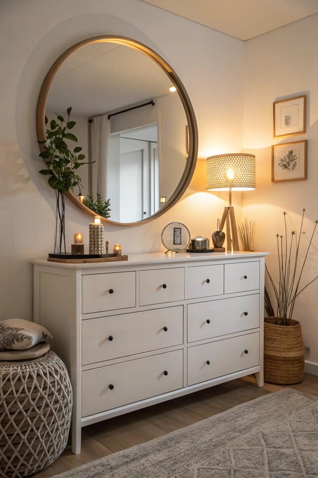 Mirrors amplify space and introduce elegance to your dresser setting.