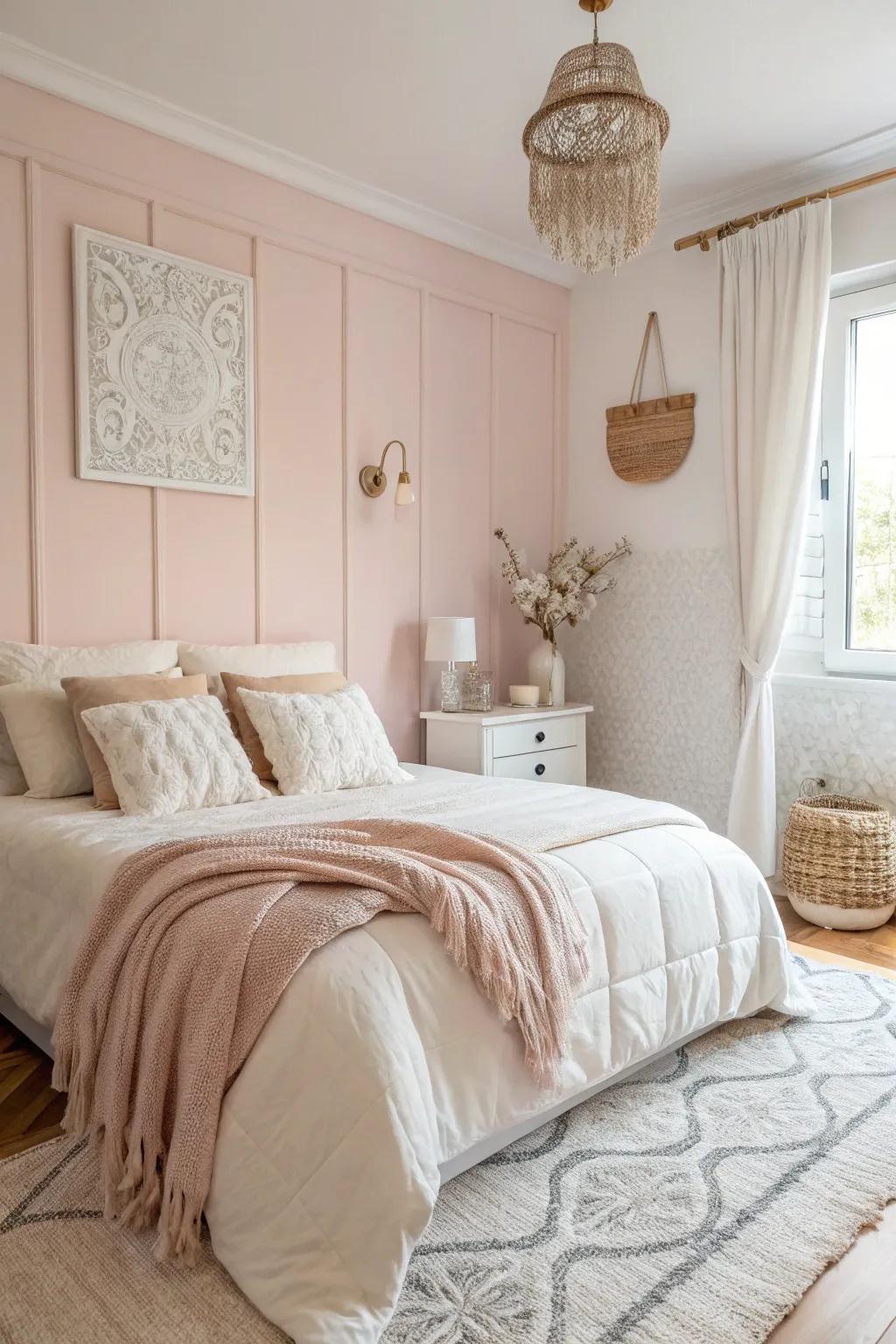 A peaceful bedroom highlighted with soft pastel walls and pure white details, creating a perfect relaxing space.