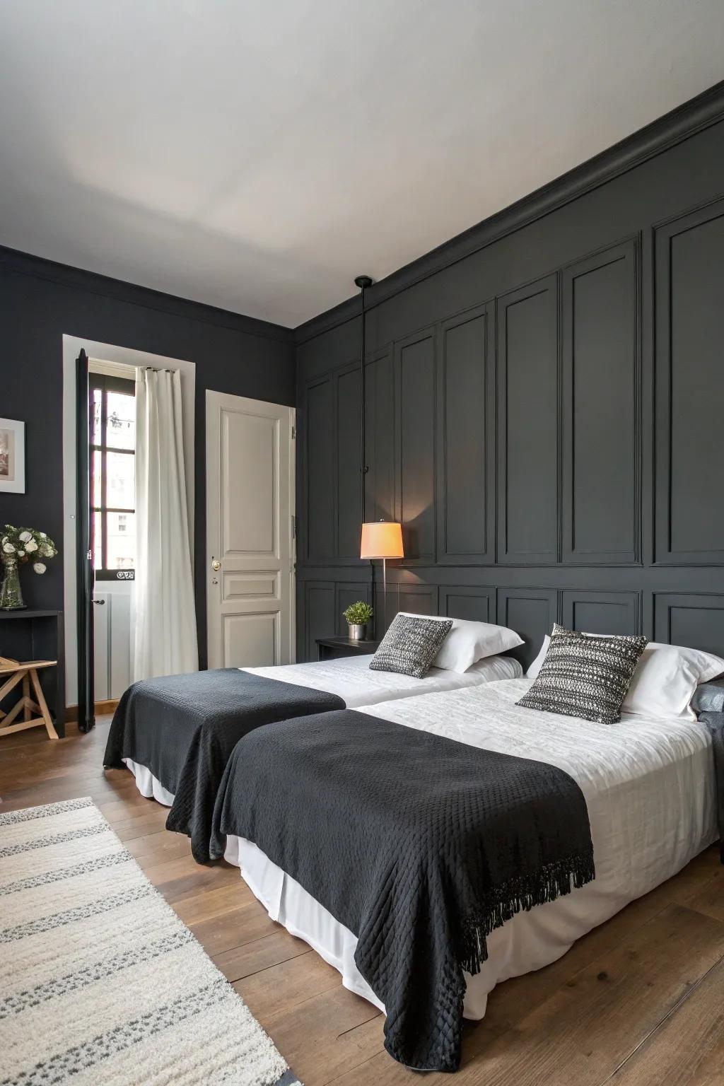 A masculine bedroom showcasing a dark gray palette coupled with minimalist design.