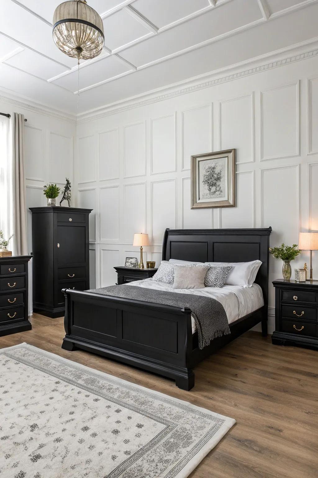 Elegant ebony furniture beautifully contrasted against pristine white walls for a timeless allure.