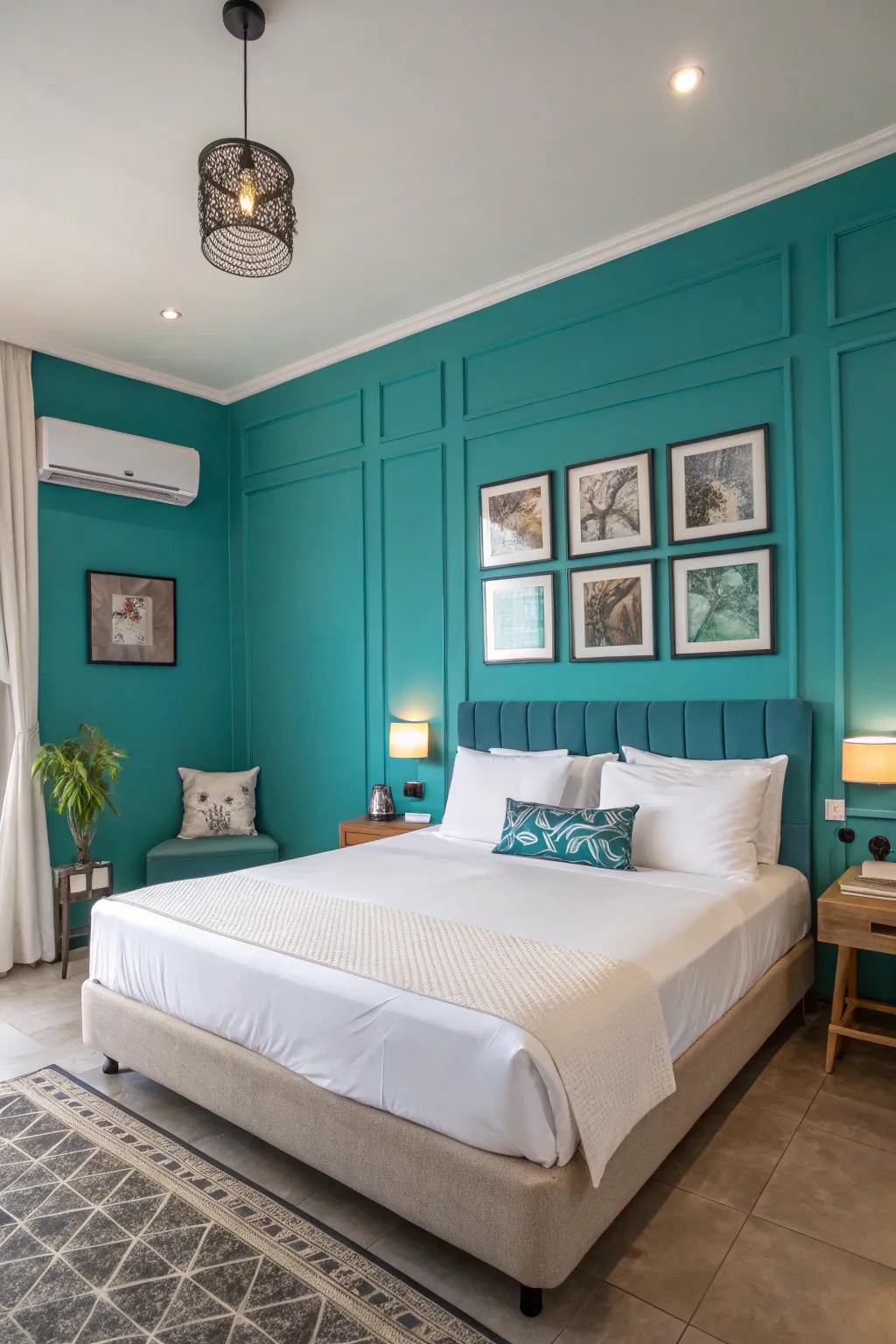 A bedroom boasting a captivating sapphire feature wall that immediately draws the eye.