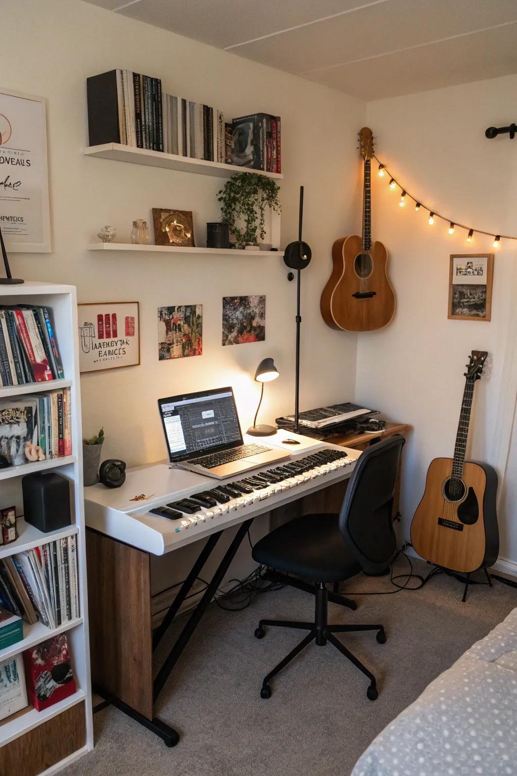 A bedroom corner transformed into a compact yet highly functional music studio space.