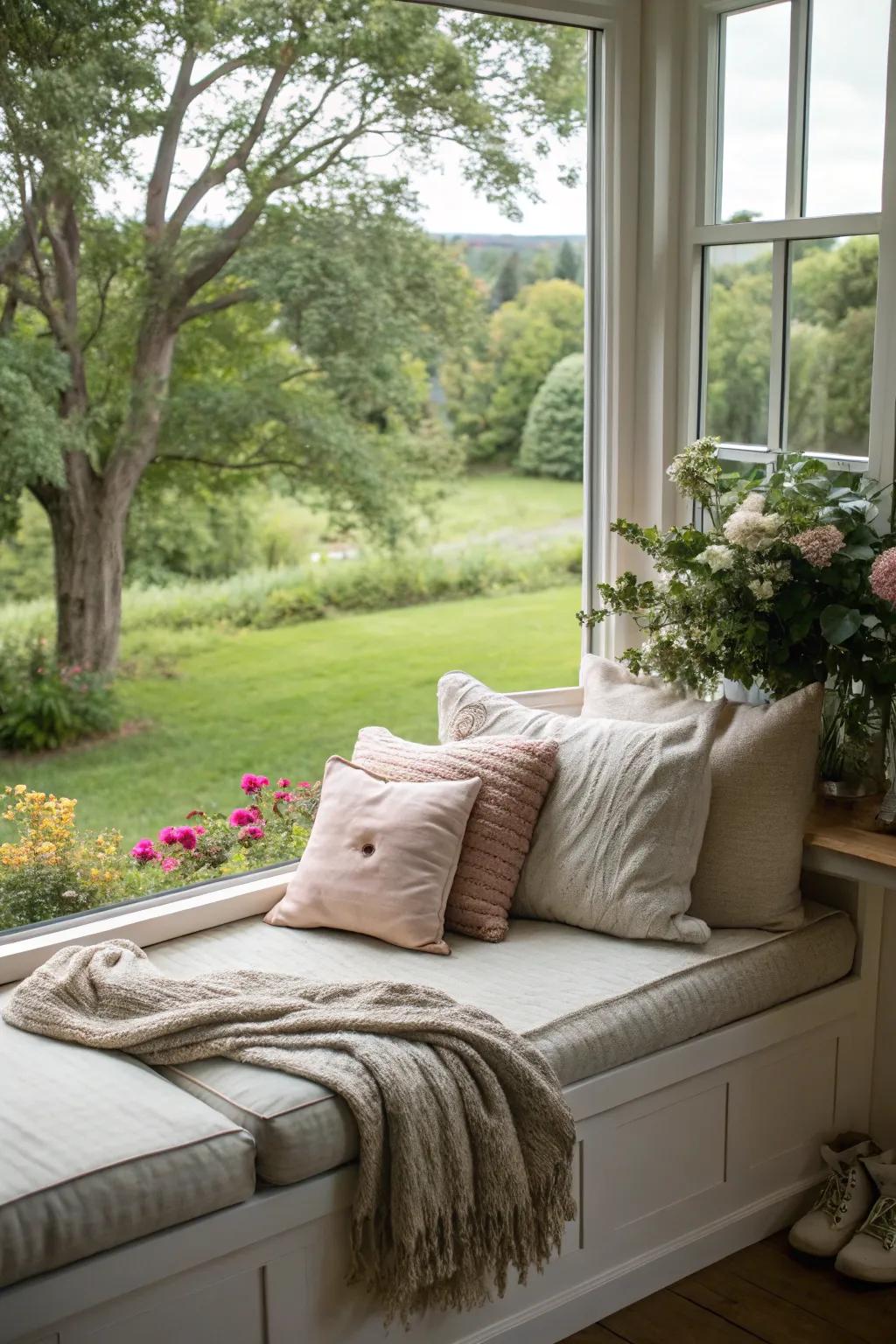 A charming window seat in a bedroom, perfect for relaxing and enjoying the garden view.