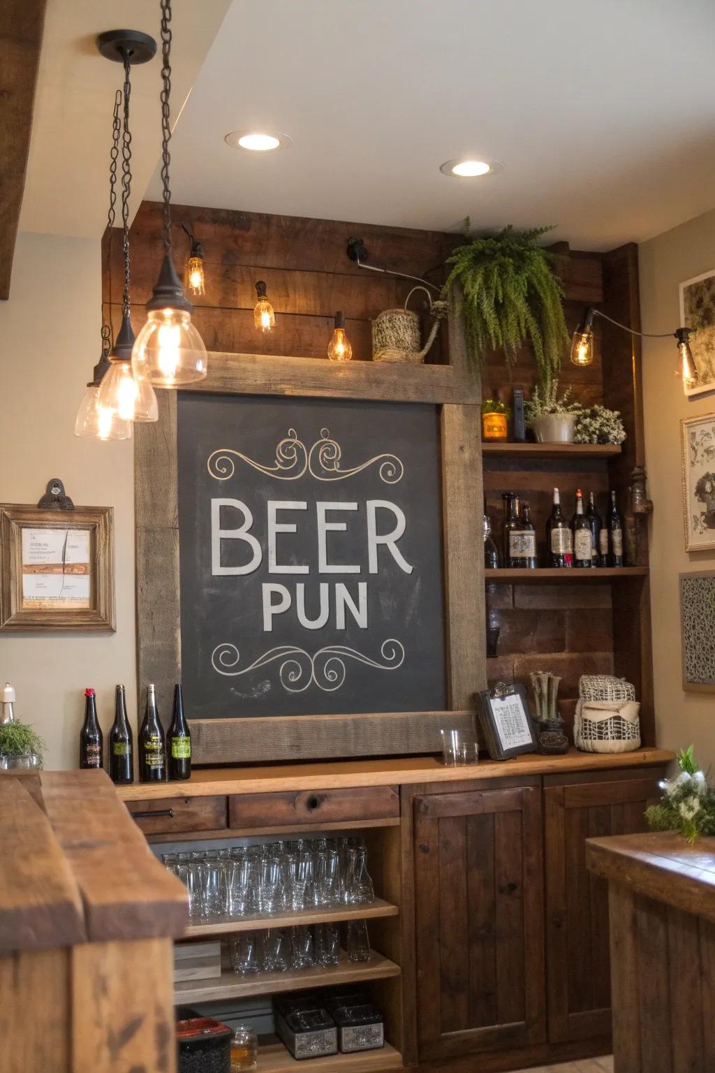 A doodle board with a witty brewery joke adds a playful element to any bar.