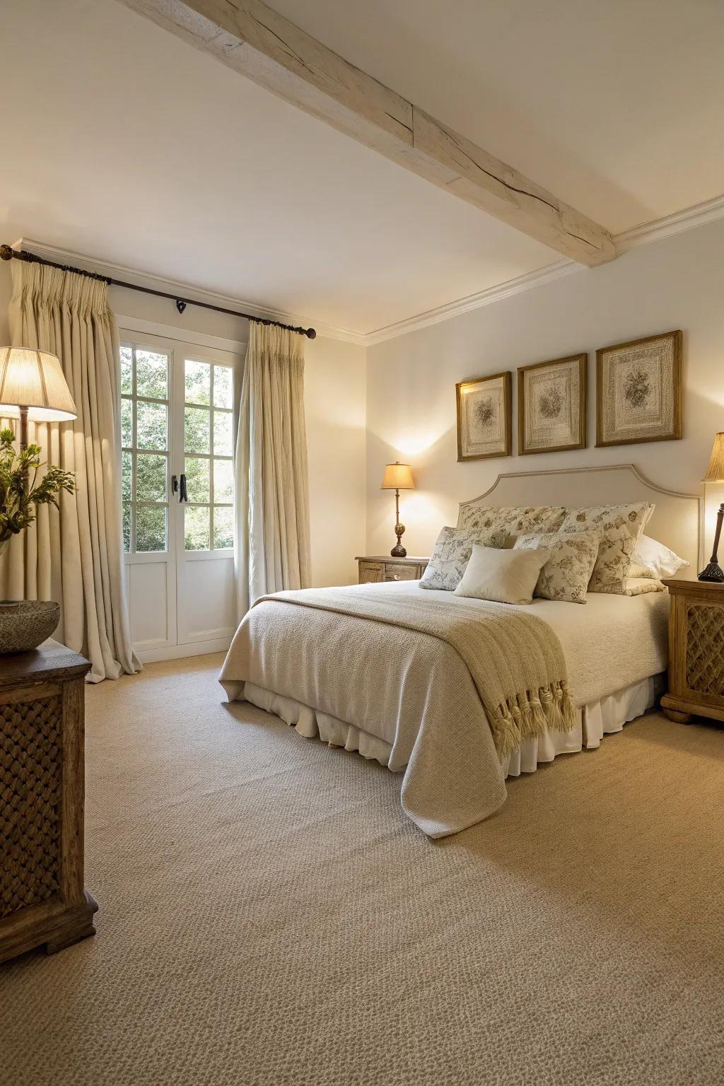 An easing bedroom that displays a balanced hues atmosphere, showing off the refinement of a cream-colored carpet.