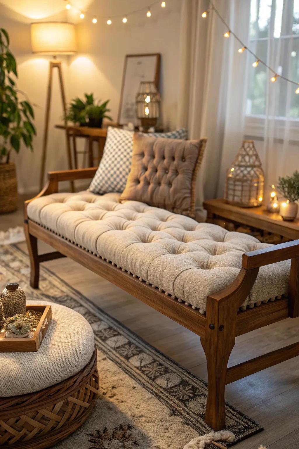 A tufted cushion introduces a timeless elegance to any bench.