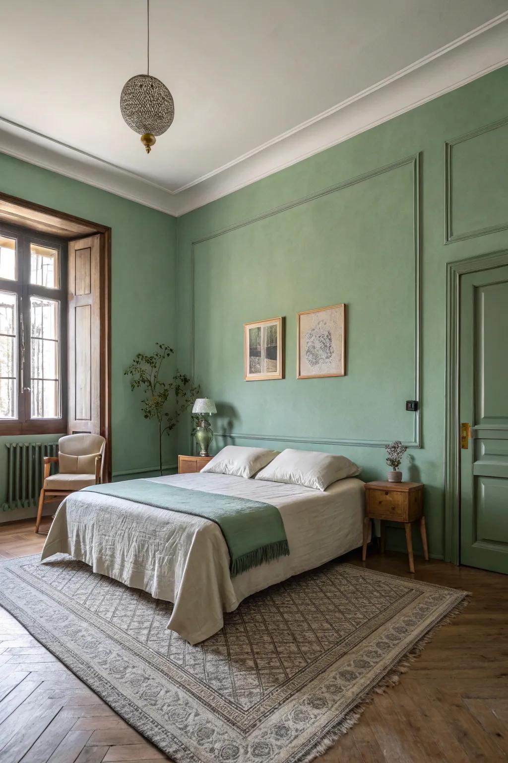 A serene bedroom space featuring calming sage green walls.