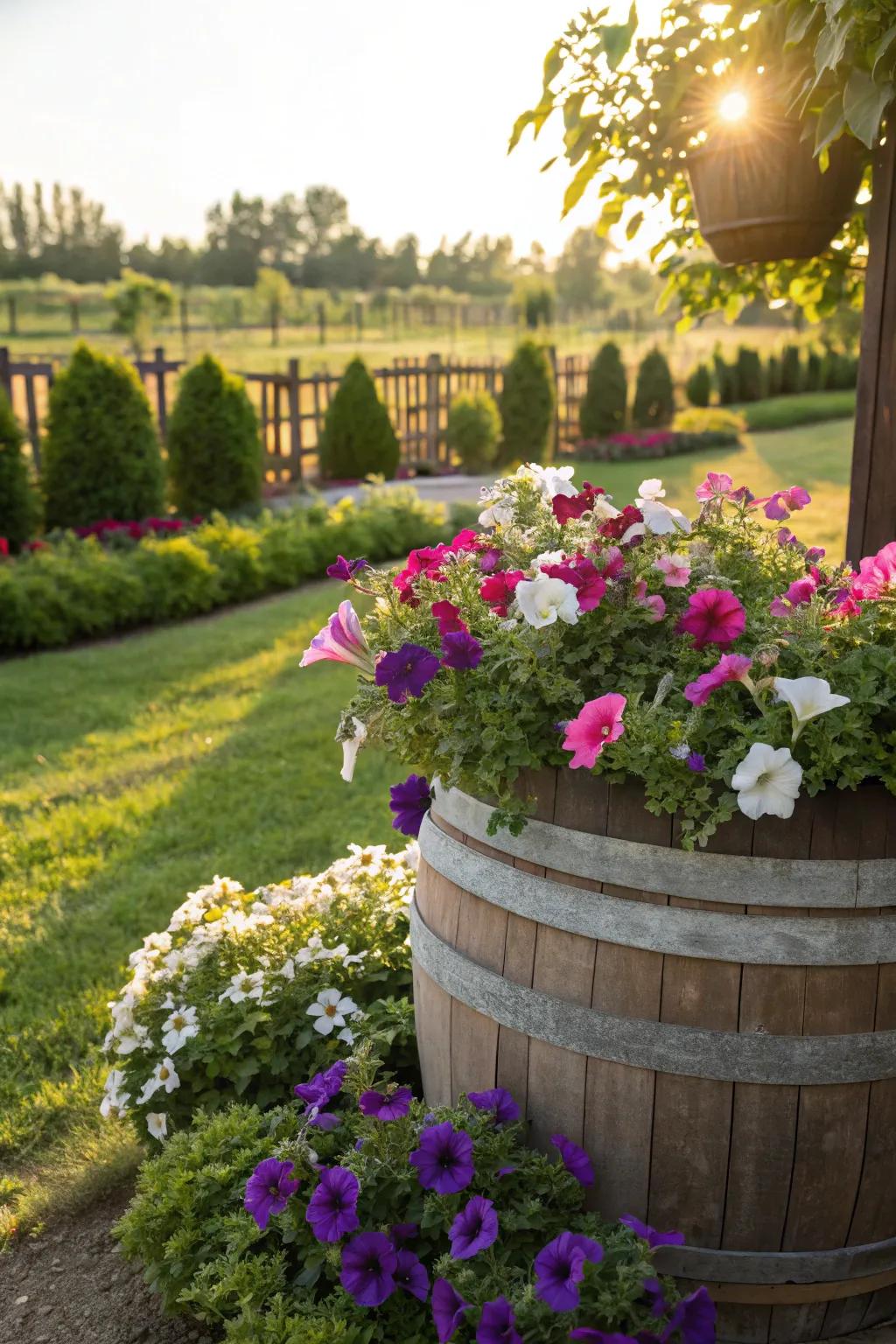 A rustic barrel filled to the brim with colorful, overflowing Rainbow Flowers.