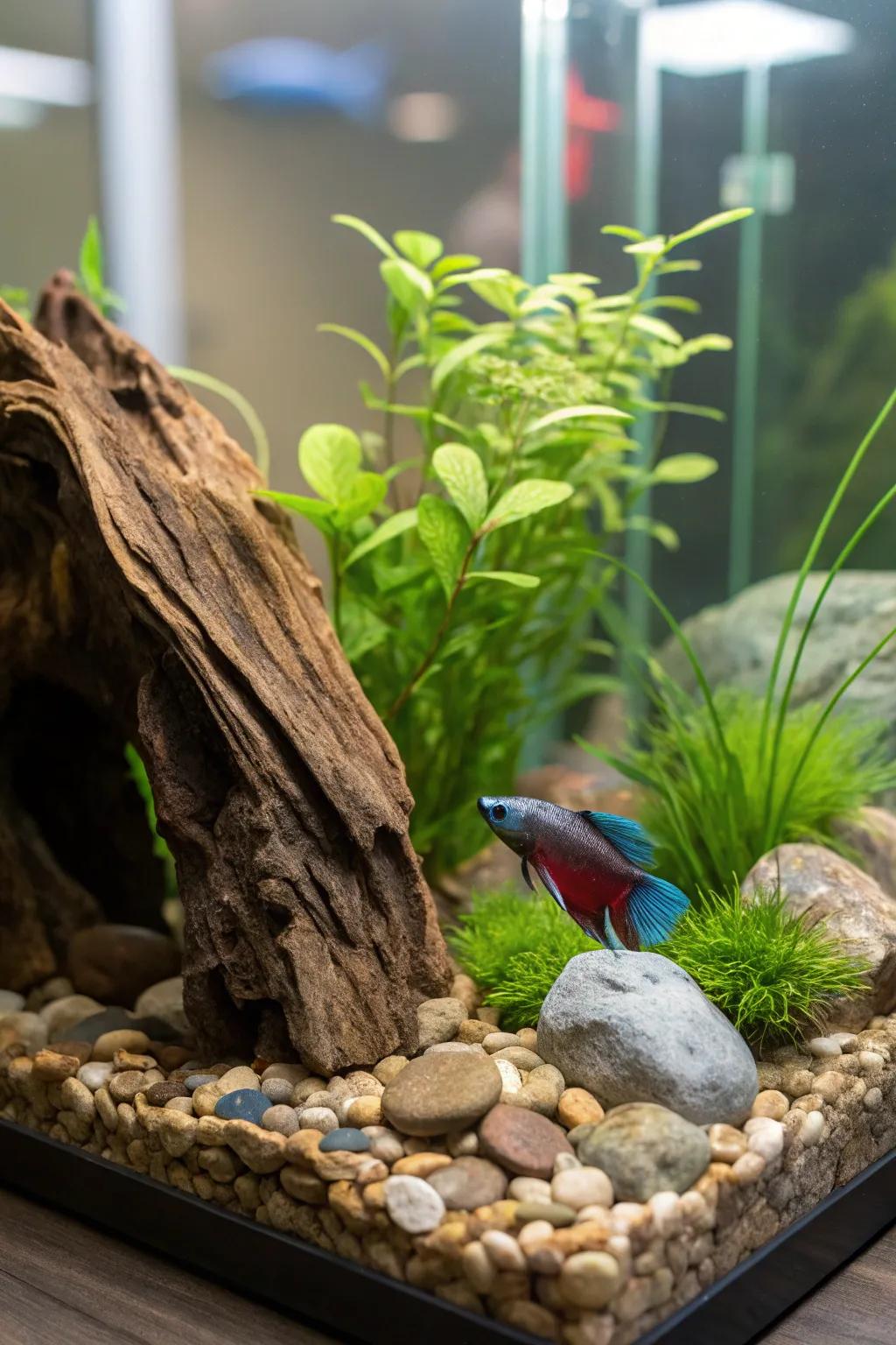 A lush sanctuary for your betta with stones and timber.