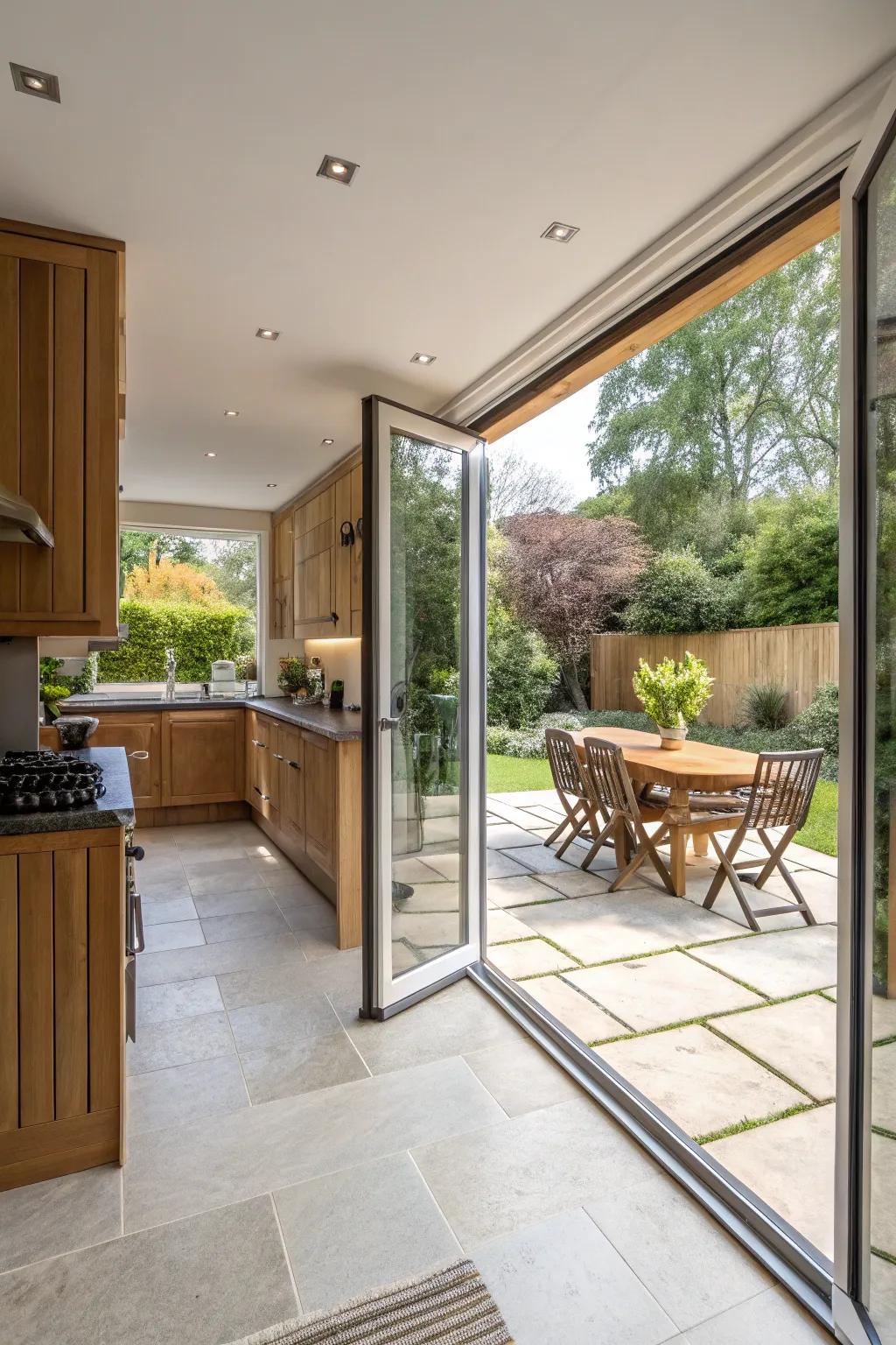 Effortlessly merge your kitchen with the outdoor patio through folding doors.
