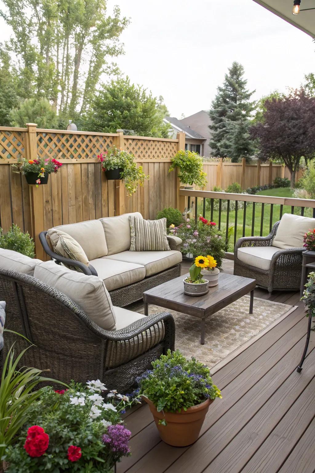 A welcoming deck featuring comfortable seating and lush plants for peak relaxation.