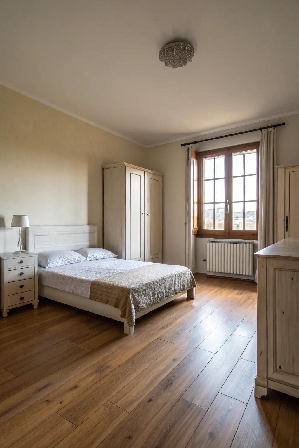 A spacious bedroom featuring minimal furnishings, highlighting unobstructed floor space and tranquility.