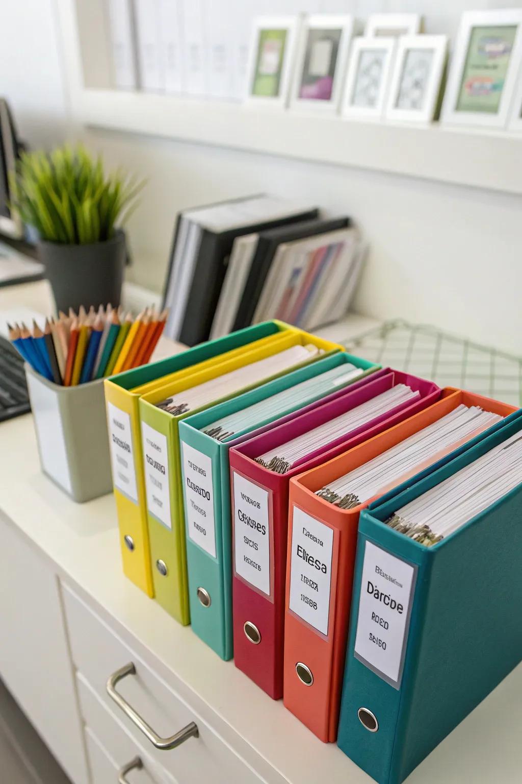 A collection of colorful binders, neatly organized for quick access.