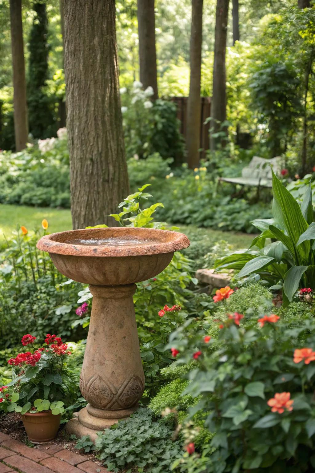 A baked clay bird bath provides a countryside feel to a bright garden.