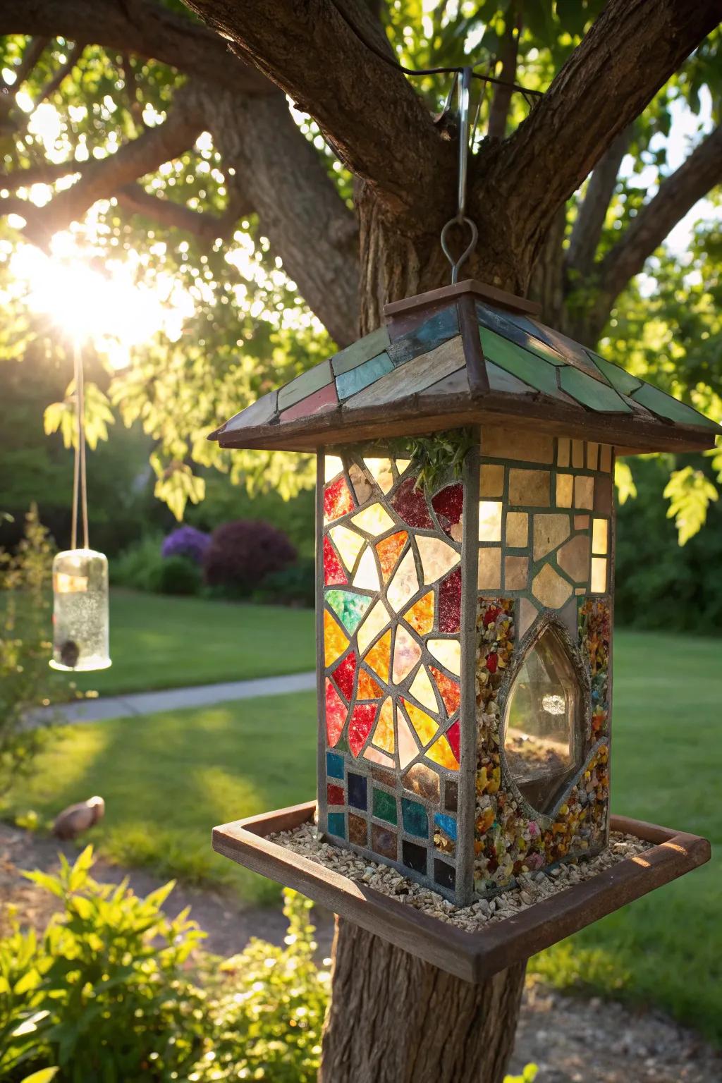 A stunning mosaic bird feeder, ideal for bringing an artistic touch to any outdoor space.