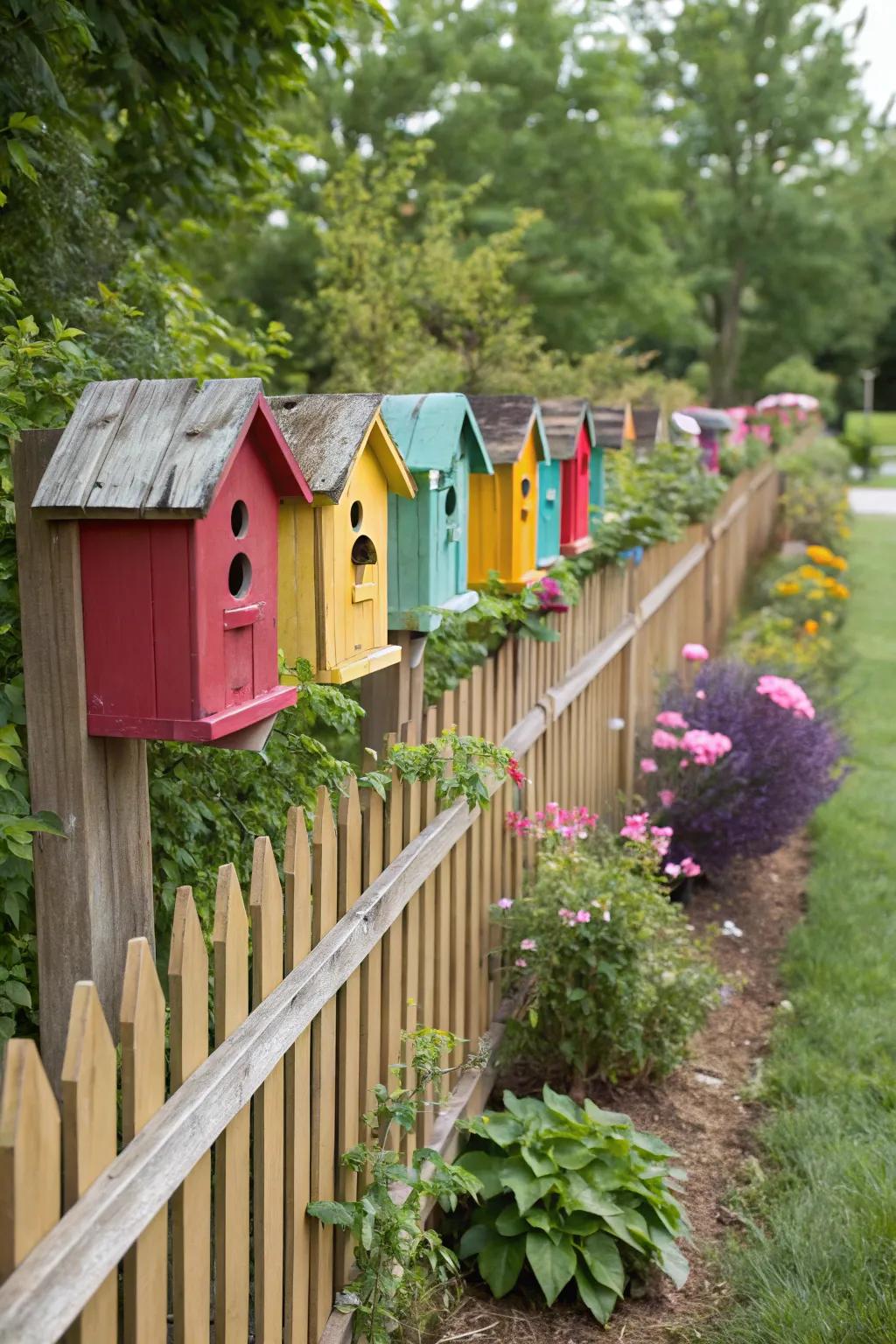 A lineup of brightly painted bird lodgings infuses a timber fence with a lively spark.