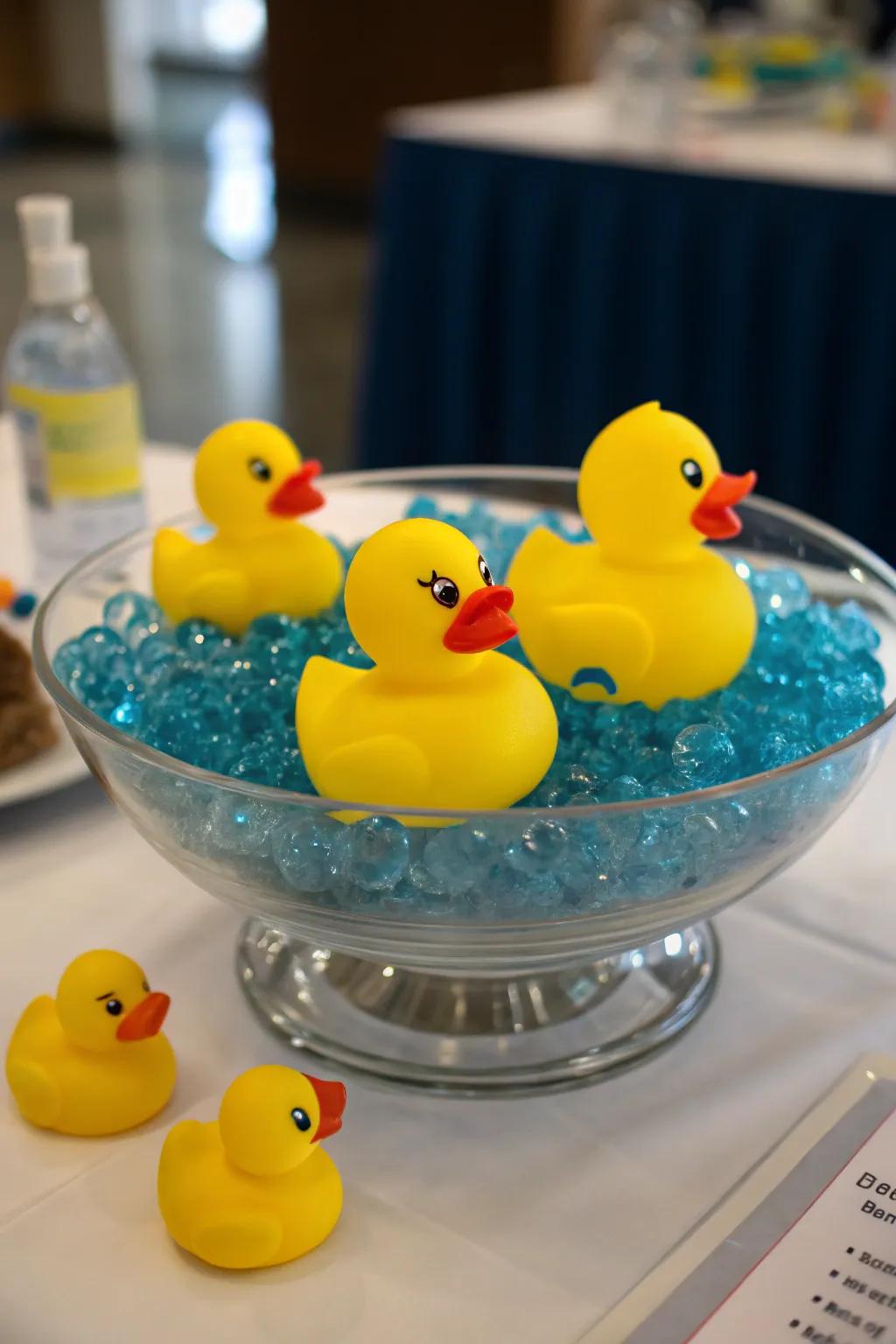 A delightful little yellow swimmer centerpiece idea.