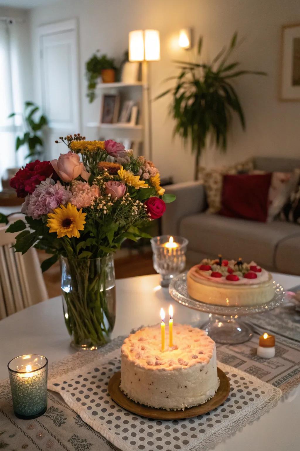Seasonal blooms introduce a hint of unpretentious sophistication to the birthday table.