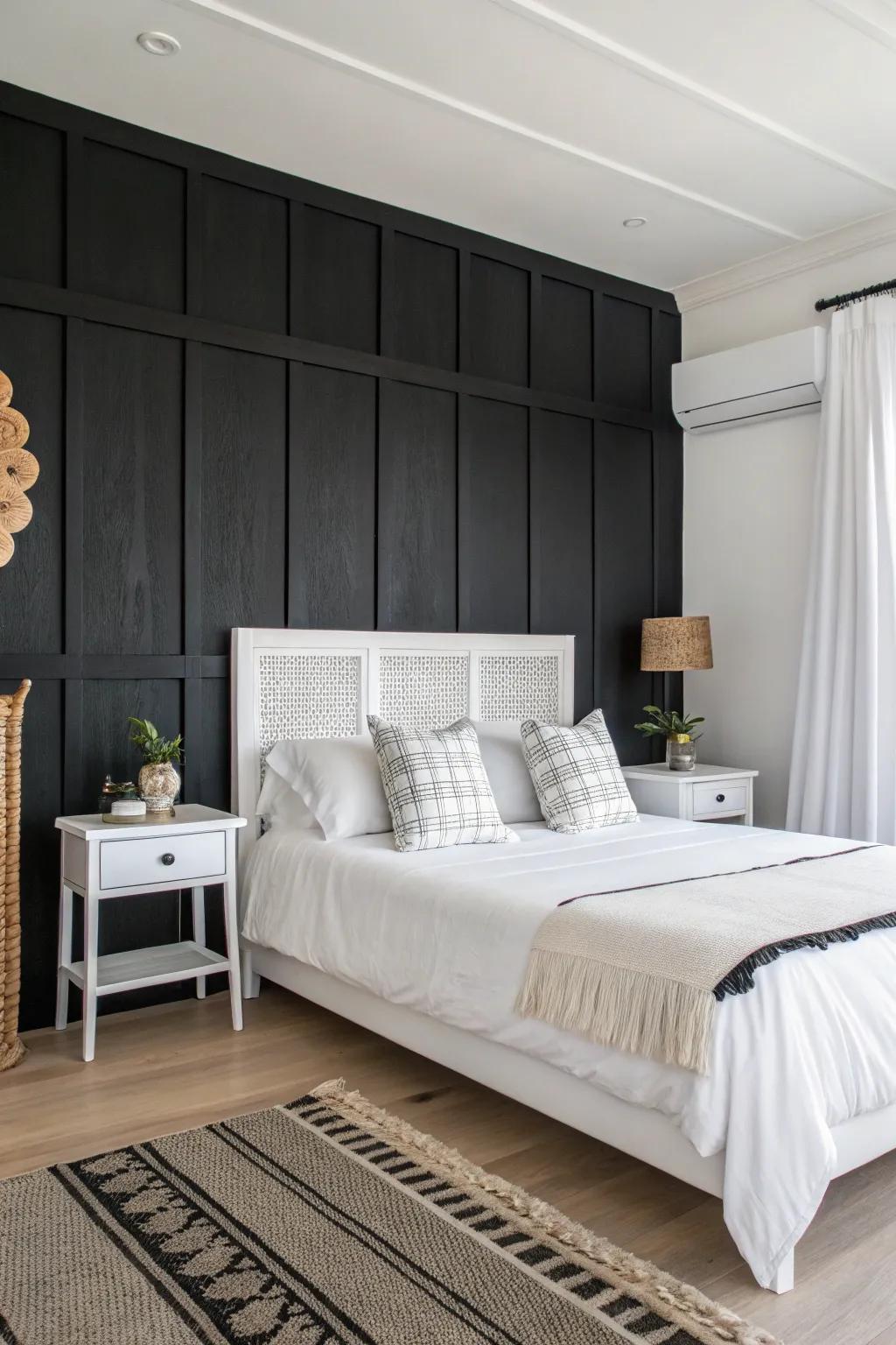 A bedroom that highlights the remarkable contrast between a black statement wall and immaculate white elements.