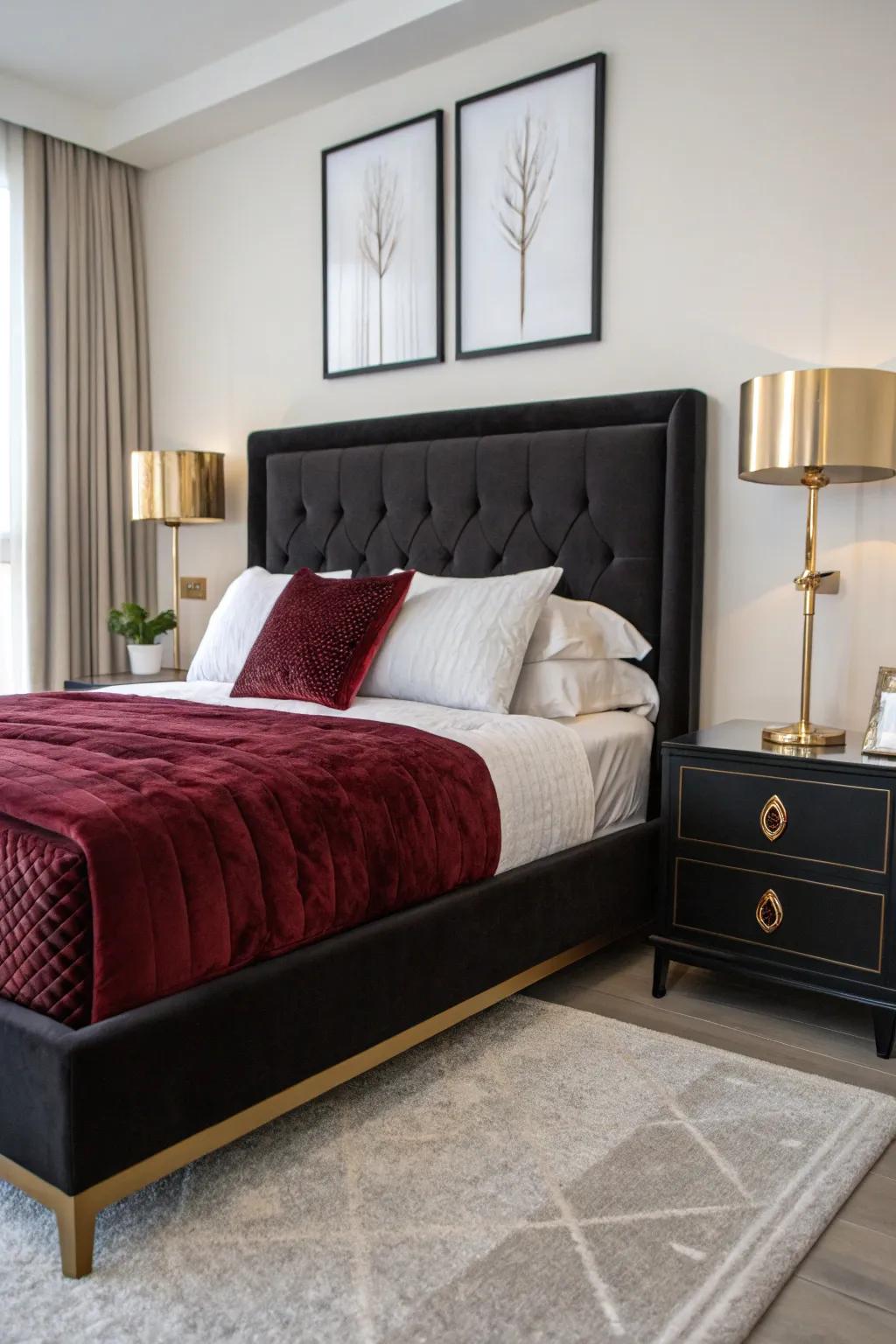 Produce a central visual with black and burgundy bedding that radiates extravagance and comfort.