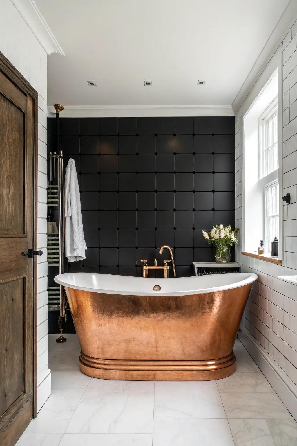 Against a black backdrop, a copper bathtub truly radiates as the room's focus.