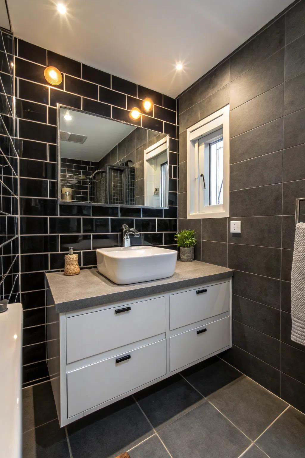 A captivating bathroom showcasing striking dark walls that create an impressive juxtaposition.